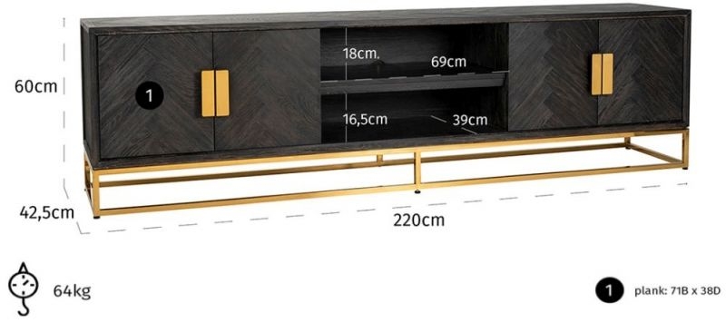 Product photograph of Blackbone Black Oak And Gold 4 Door Tv Unit - 220cm from Choice Furniture Superstore.