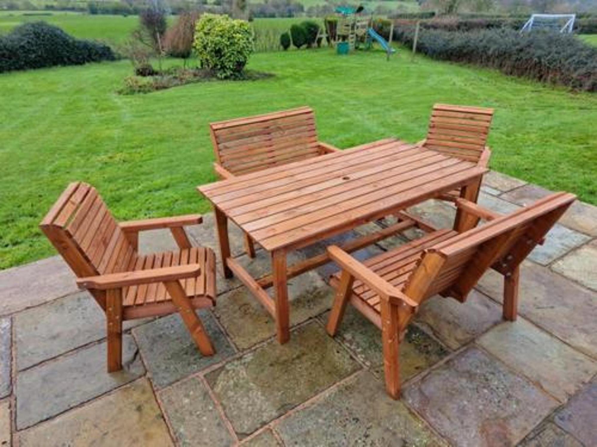 Product photograph of Churnet Valley Brown Outdoor Rectangular Table Set With 2 Benches And 2 Chairs from Choice Furniture Superstore.