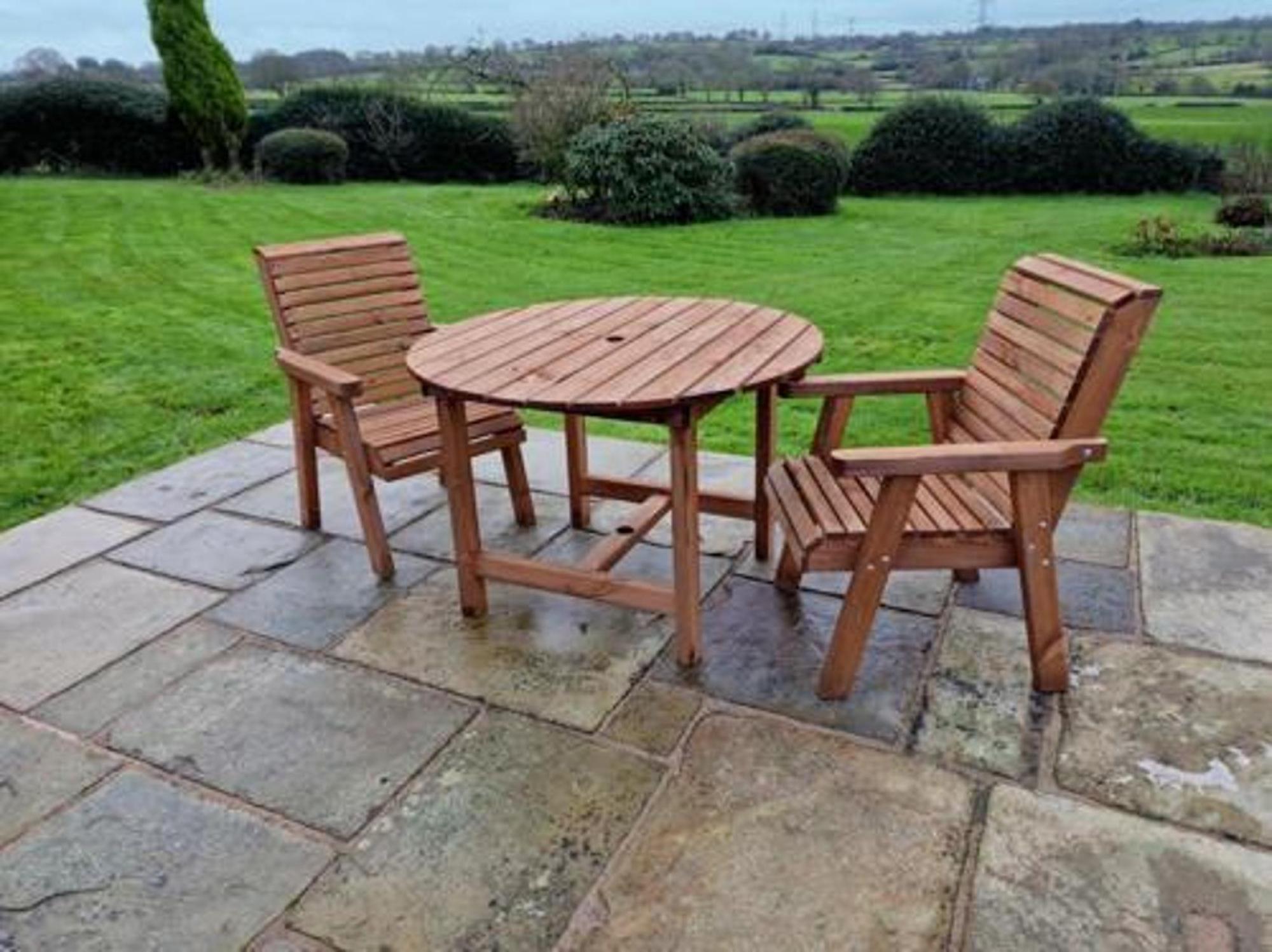 Product photograph of Churnet Valley Brown Outdoor Round Table Set With 2 Chairs from Choice Furniture Superstore.