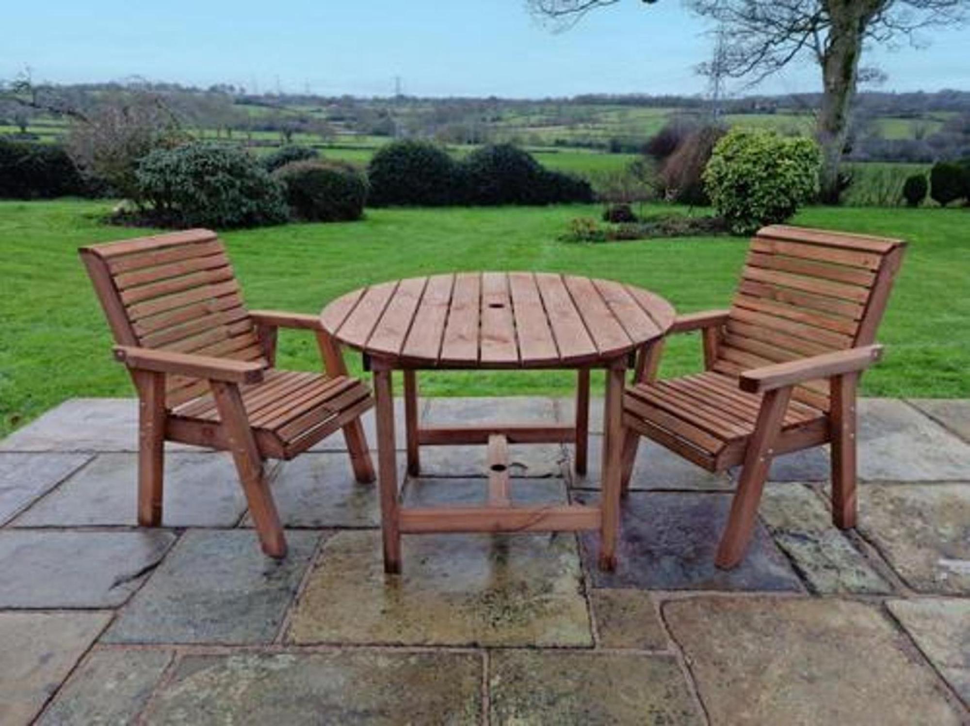 Product photograph of Churnet Valley Brown Outdoor Round Table Set With 2 Chairs from Choice Furniture Superstore.