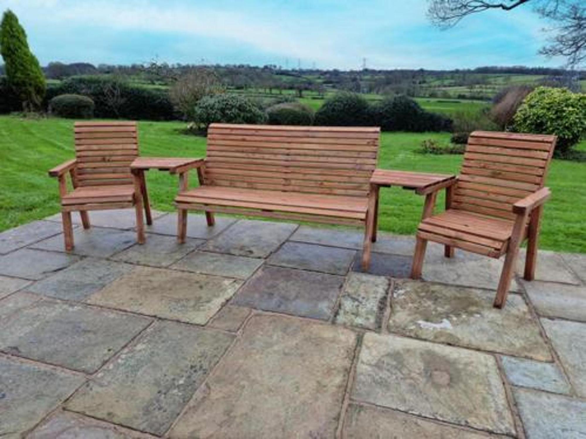 Product photograph of Churnet Valley Brown Outdoor 5 Seater Set 1x3 Seat Bench And 2x Chairs Angled from Choice Furniture Superstore.