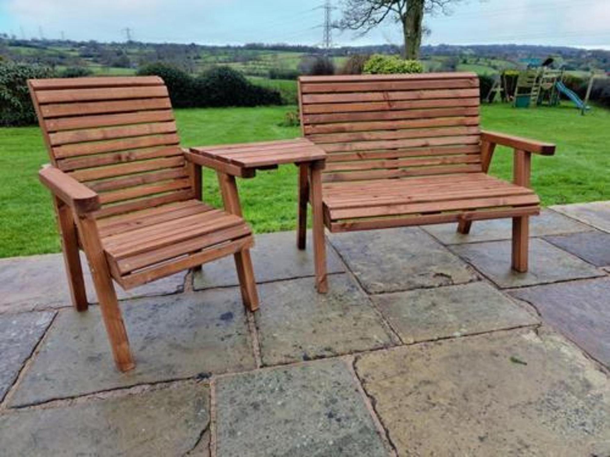 Product photograph of Churnet Valley Brown Outdoor Trio Set Angled from Choice Furniture Superstore.