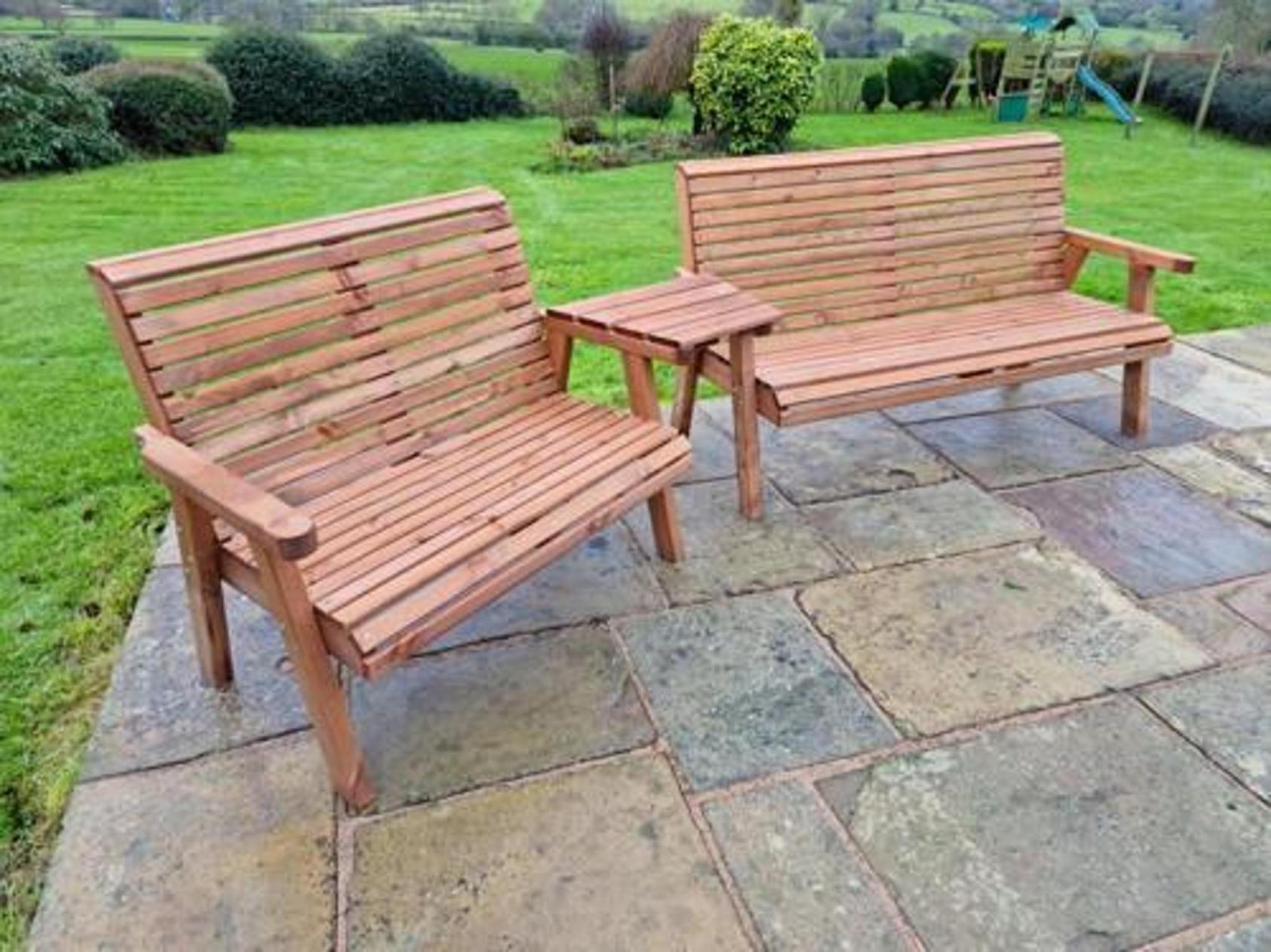 Product photograph of Churnet Valley Brown Outdoor 4 Seater Set 1x2 With 1x3 Seat Benches Angled from Choice Furniture Superstore.