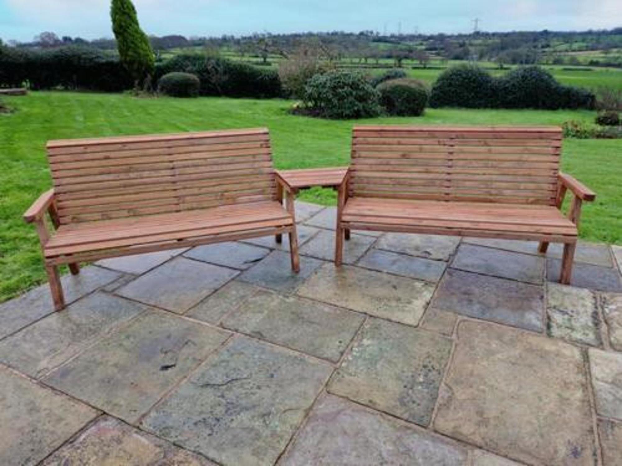 Product photograph of Churnet Valley Brown Outdoor 5 Seater Set 2x3 Seat Benches Angled from Choice Furniture Superstore.