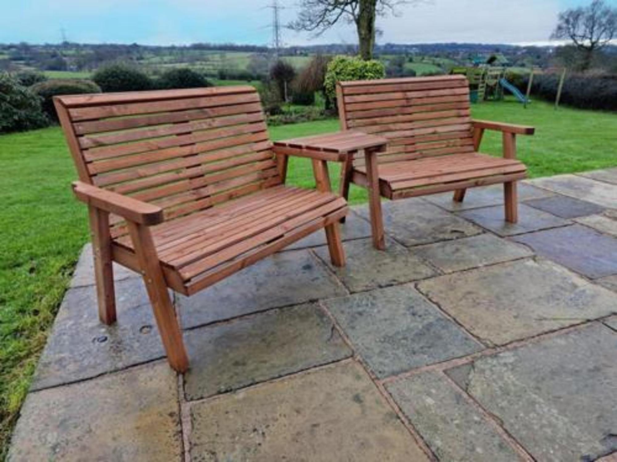 Product photograph of Churnet Valley Brown Outdoor 4 Seater Set 2x2 Seat Benches Angled from Choice Furniture Superstore.