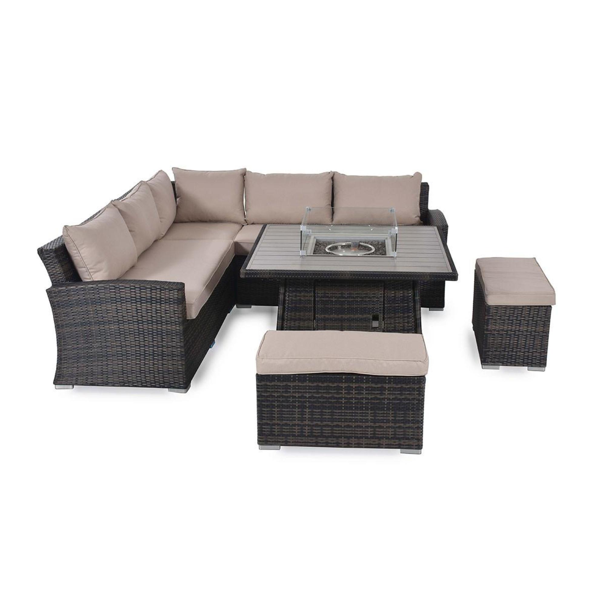 Product photograph of Maze Kingston Brown Rattan Corner Sofa Dining Table Set With 2 Benches And Fire Pit from Choice Furniture Superstore.