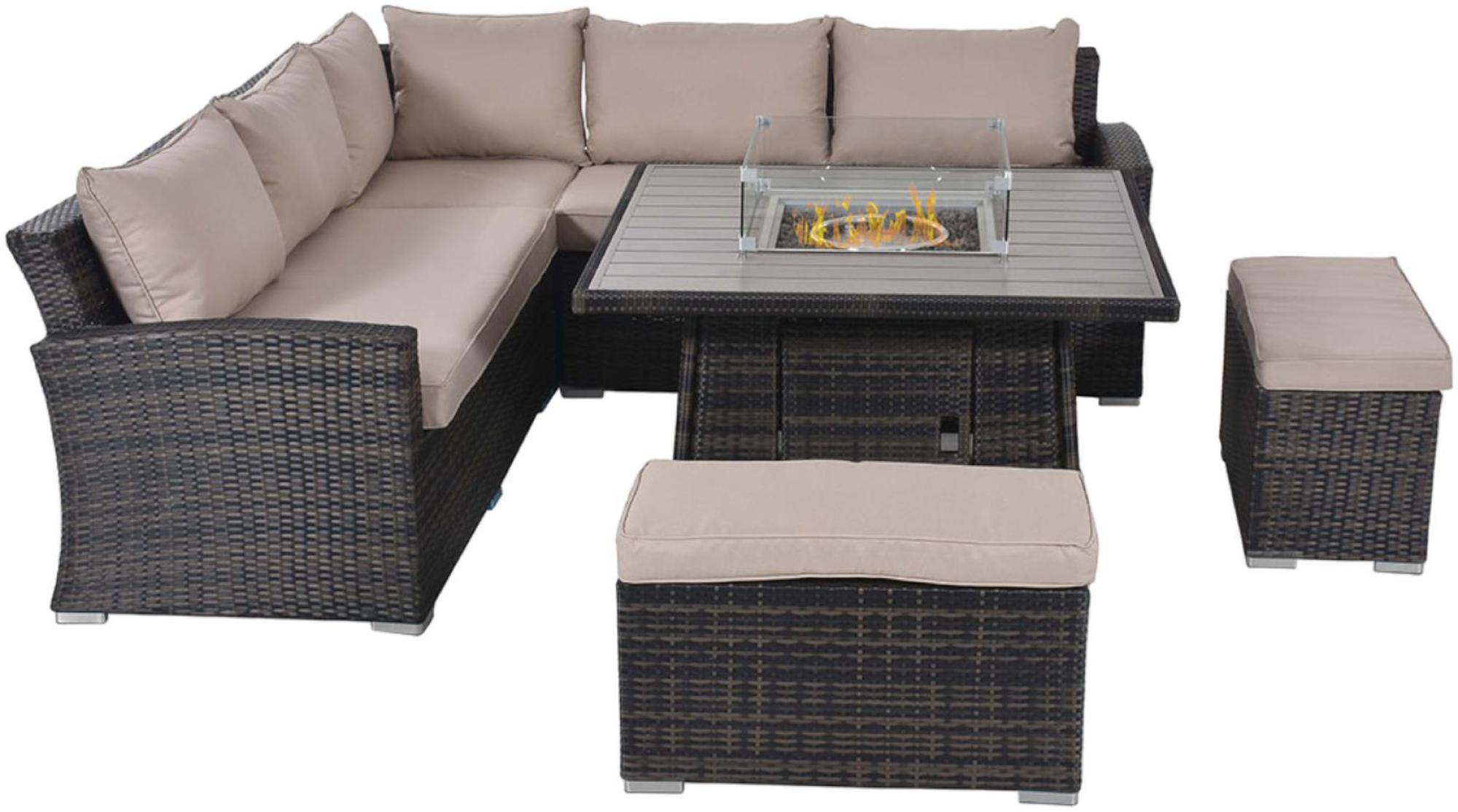 Product photograph of Maze Kingston Brown Rattan Corner Sofa Dining Table Set With 2 Benches And Fire Pit from Choice Furniture Superstore.