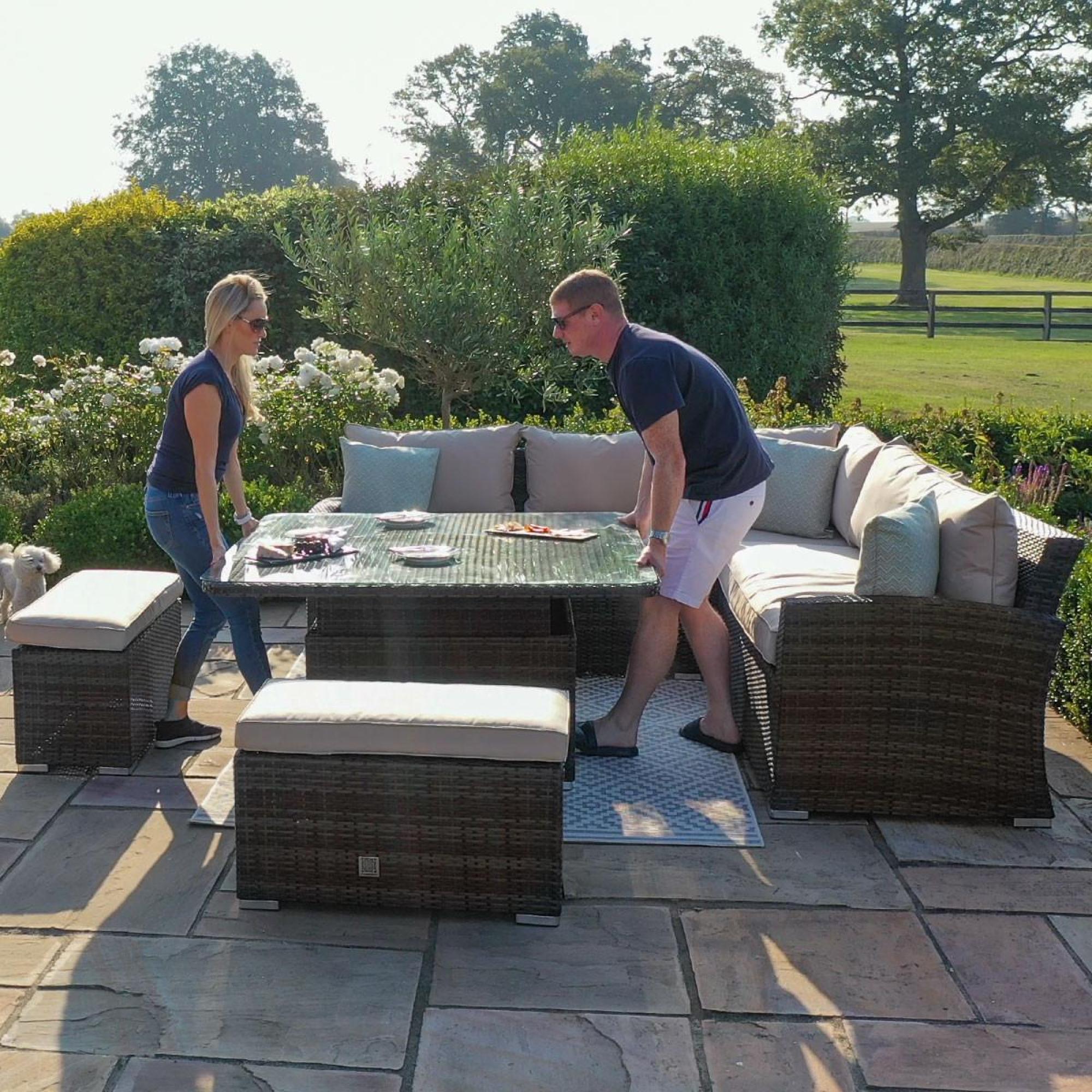 Product photograph of Maze Kingston Grey Rattan 9 Seater Corner Sofa Dining Set With 2 Benches And Rising Table from Choice Furniture Superstore.