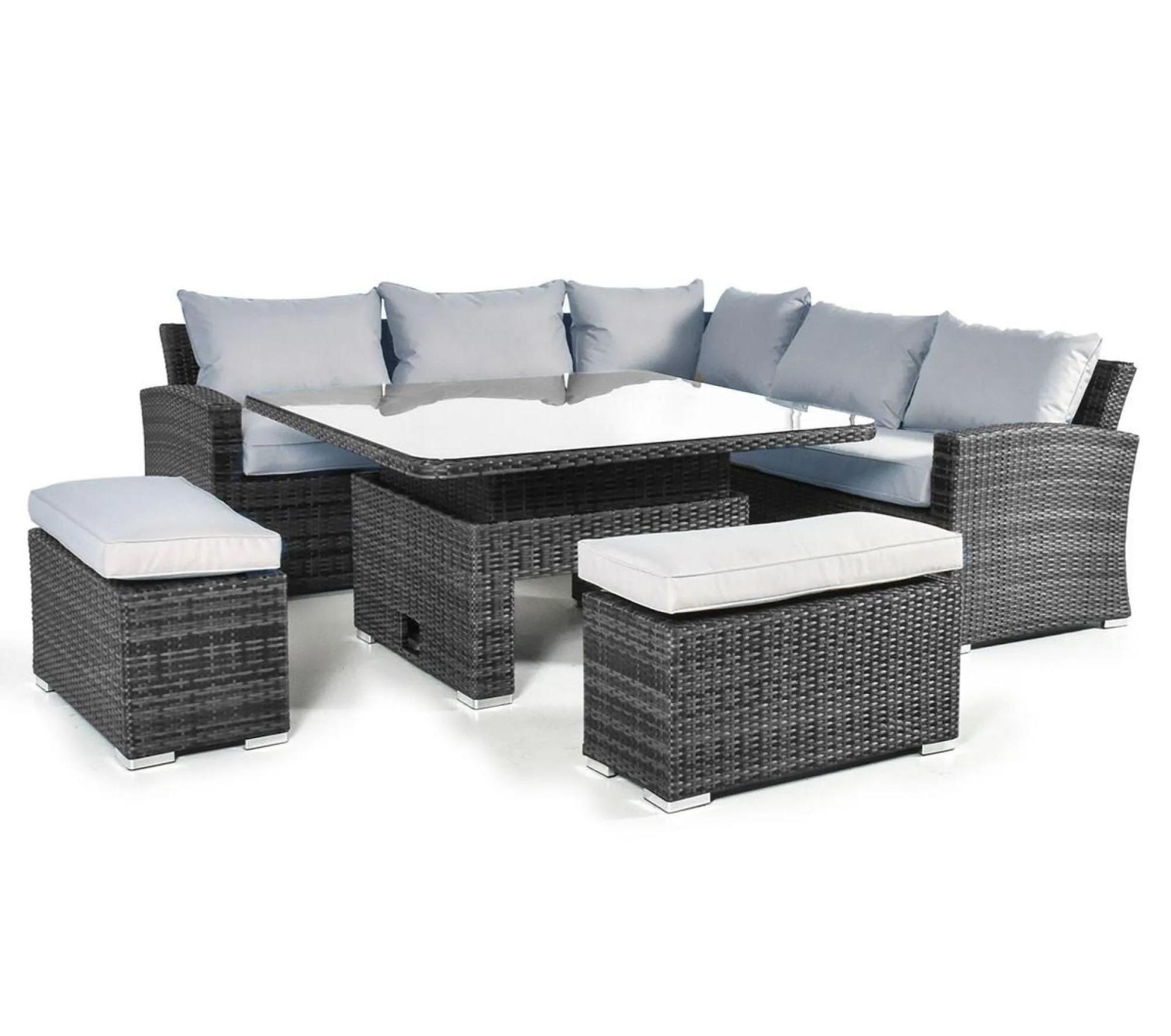 Product photograph of Maze Kingston Grey Rattan 9 Seater Corner Sofa Dining Set With 2 Benches And Rising Table from Choice Furniture Superstore.