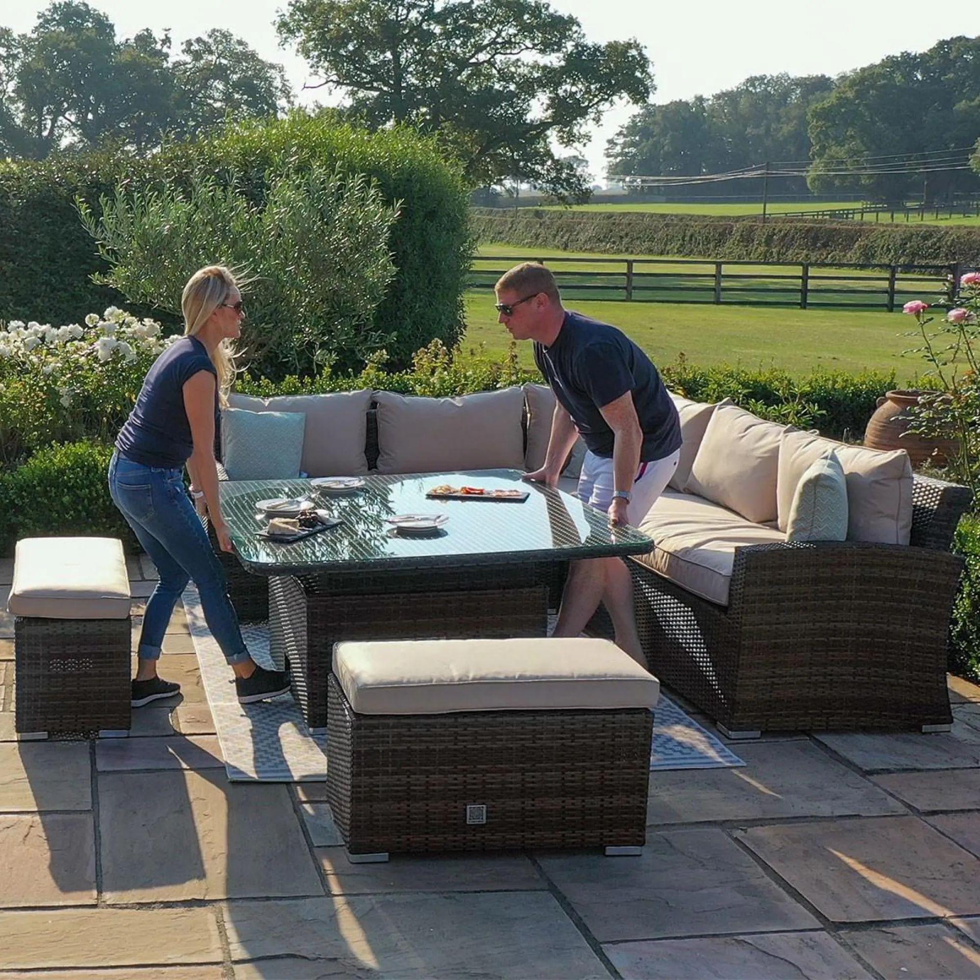 Product photograph of Maze Kingston Grey Rattan 9 Seater Corner Sofa Dining Set With 2 Benches And Rising Table from Choice Furniture Superstore.