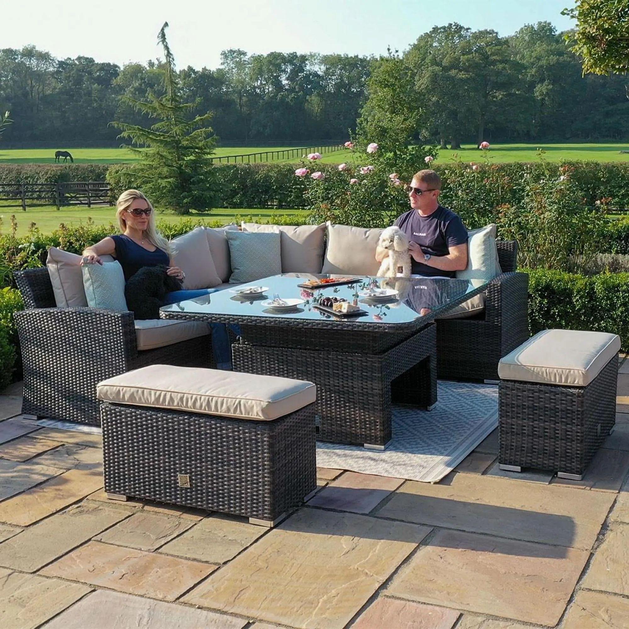 Product photograph of Maze Kingston Grey Rattan 9 Seater Corner Sofa Dining Set With 2 Benches And Rising Table from Choice Furniture Superstore.