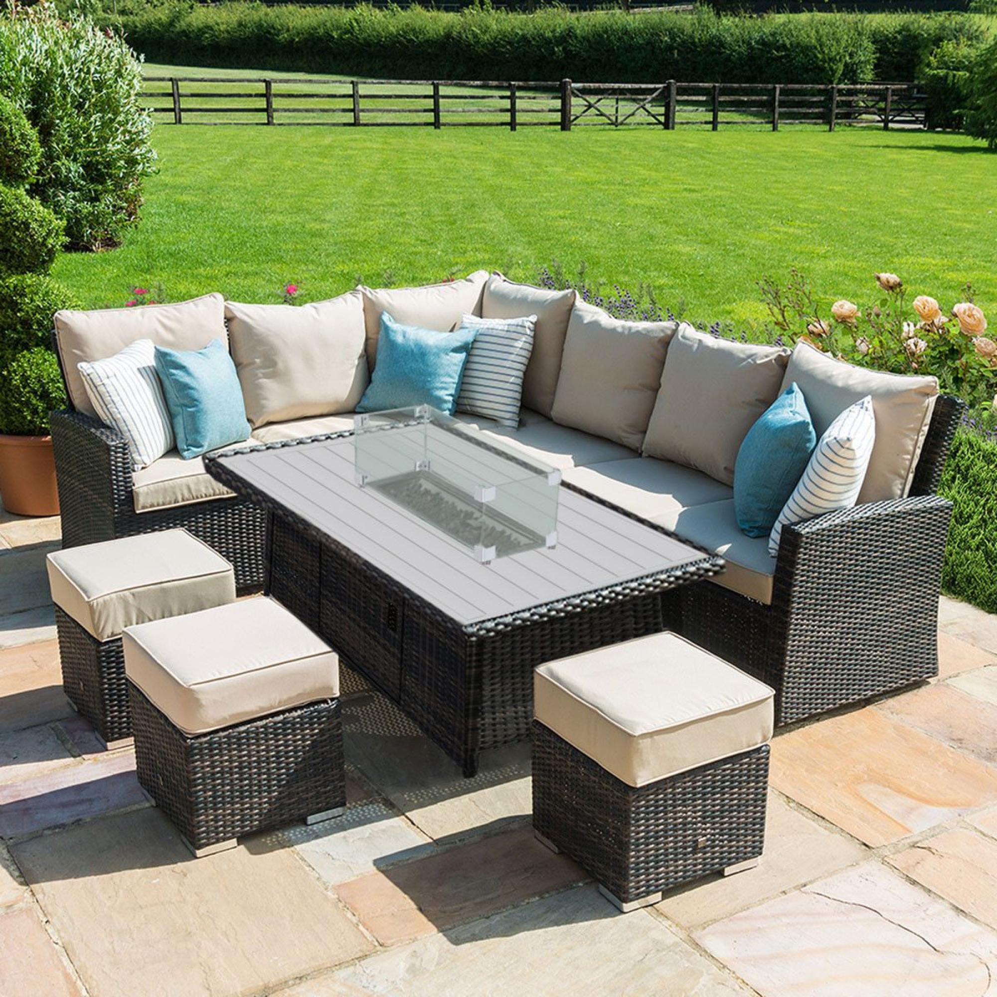 Product photograph of Maze Kingston Brown Rattan 8 Seater Corner Sofa Dining Set With 3 Footstools And Fire Pit Table from Choice Furniture Superstore.