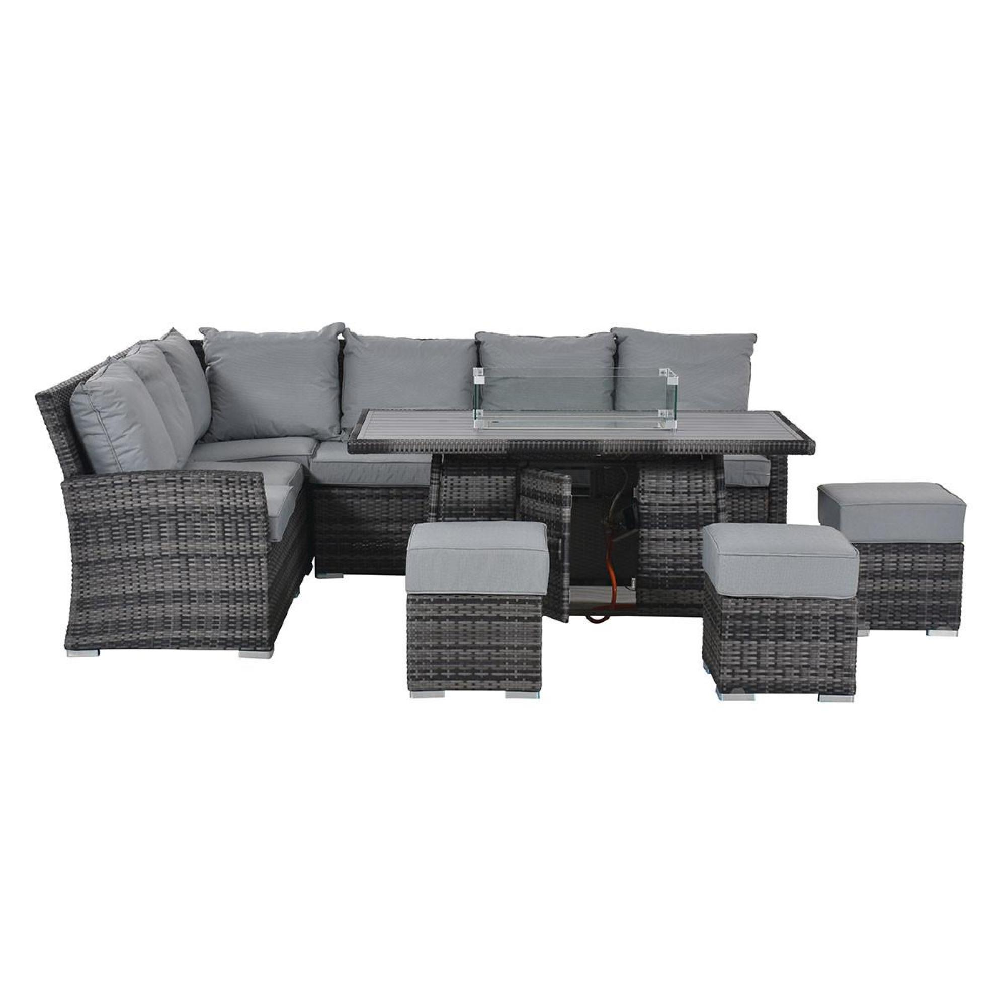 Product photograph of Maze Kingston Grey Rattan 8 Seater Corner Sofa Dining Set With 3 Footstools And Fire Pit Table from Choice Furniture Superstore.