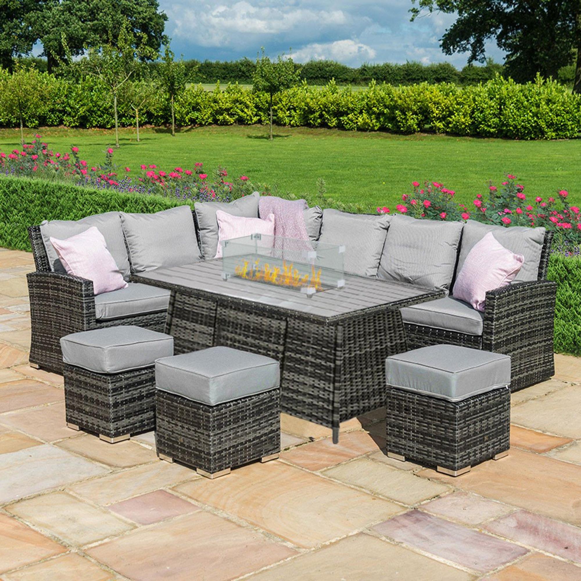 Product photograph of Maze Kingston Grey Rattan 8 Seater Corner Sofa Dining Set With 3 Footstools And Fire Pit Table from Choice Furniture Superstore.