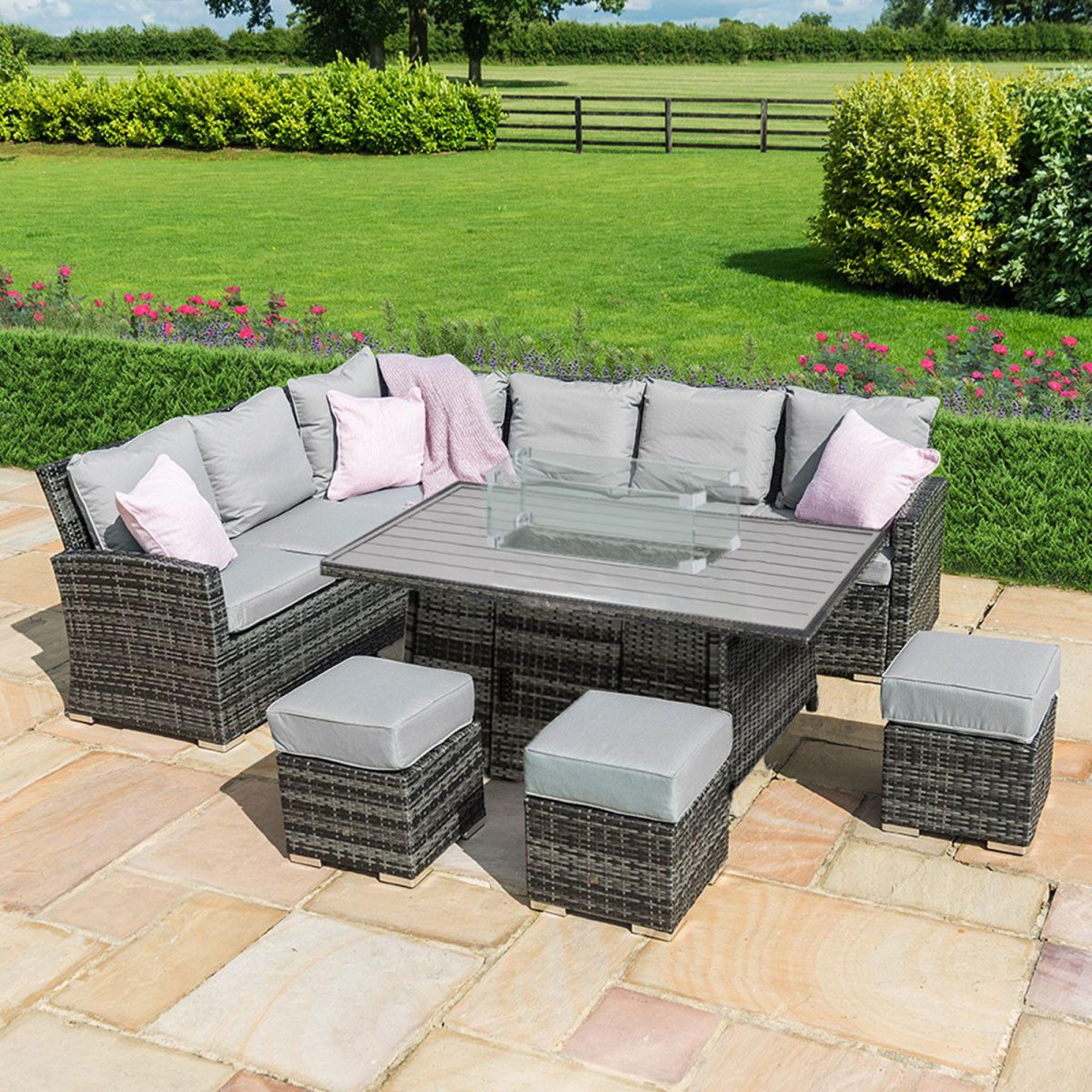 Product photograph of Maze Kingston Grey Rattan 8 Seater Corner Sofa Dining Set With 3 Footstools And Fire Pit Table from Choice Furniture Superstore.