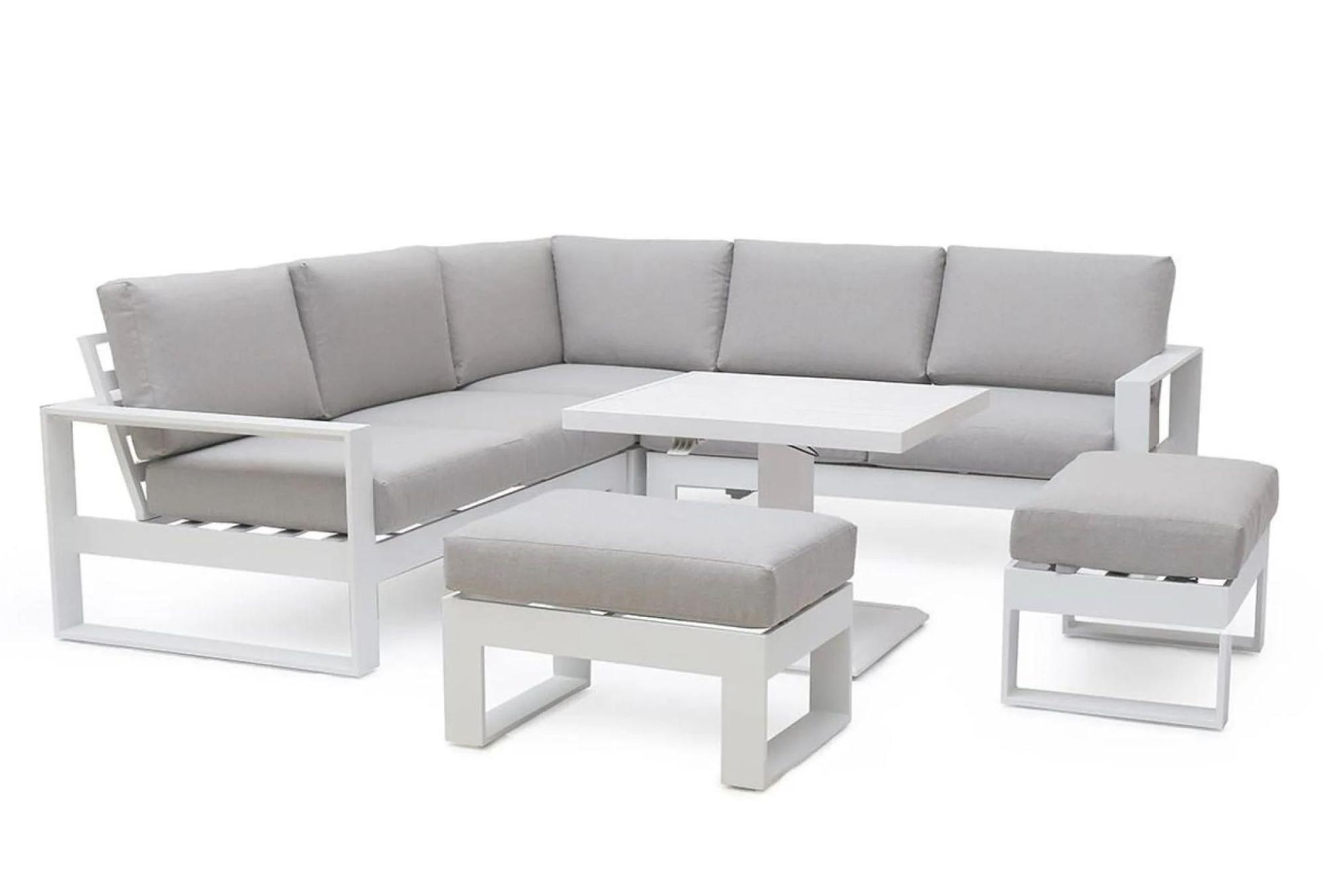 Product photograph of Maze Amalfi White 7 Seater Small Square Corner Dining Set With 2 Footstools And Rising Table from Choice Furniture Superstore.