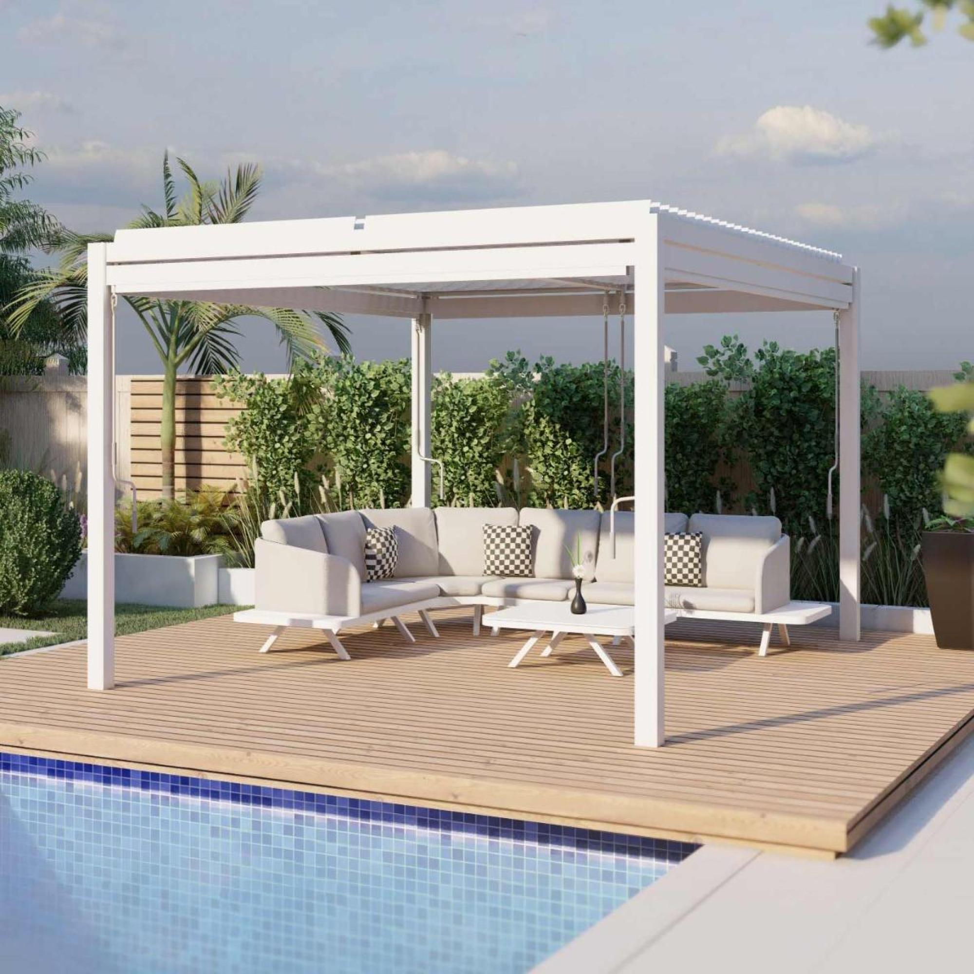 Product photograph of Maze Como White Aluminium Square Pergola With 4 Drop Sides from Choice Furniture Superstore.