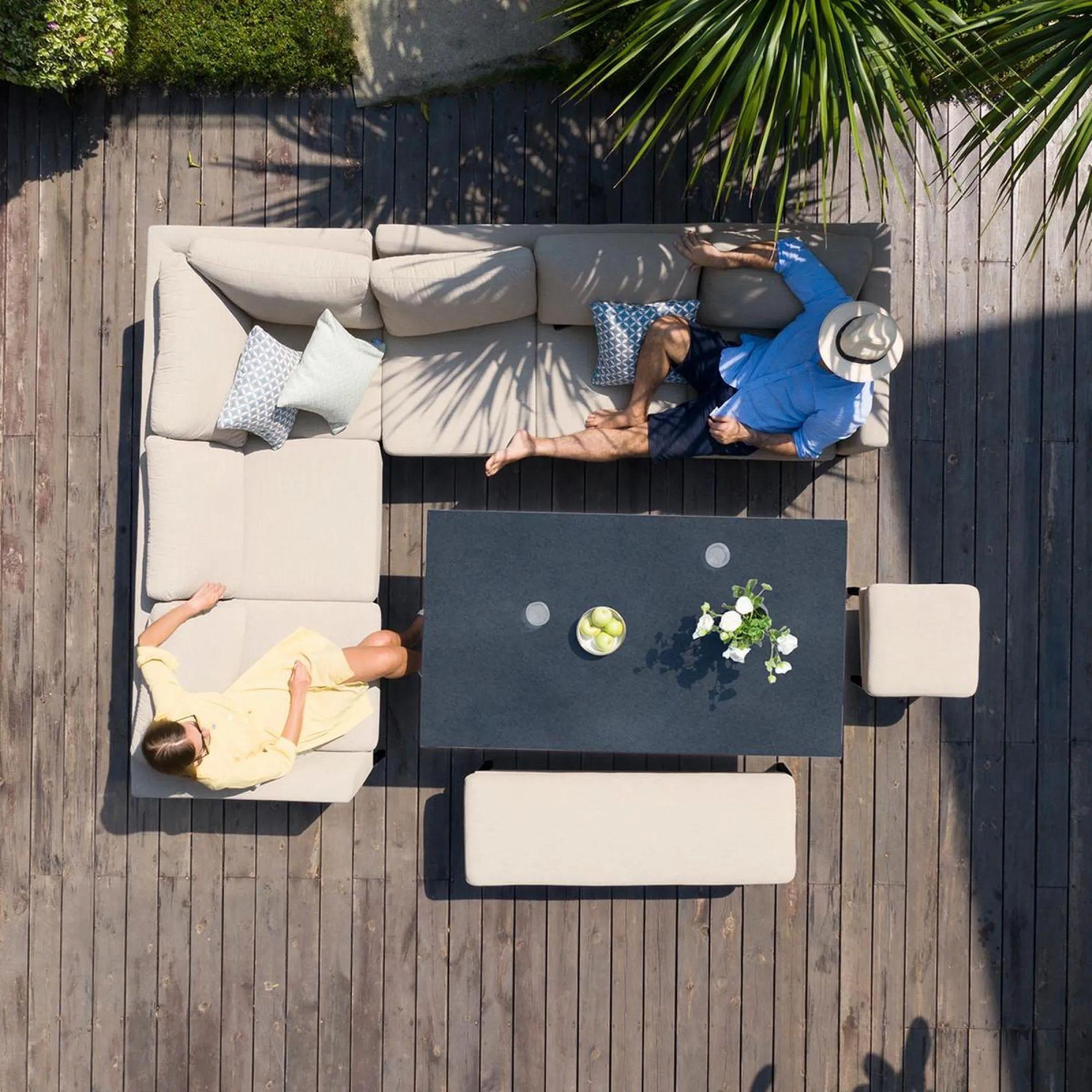 Product photograph of Maze Pulse Oatmeal Fabric 8 Seater Rectangular Corner Sofa Dining Set With Footstool Bench And Rising Table from Choice Furniture Superstore.