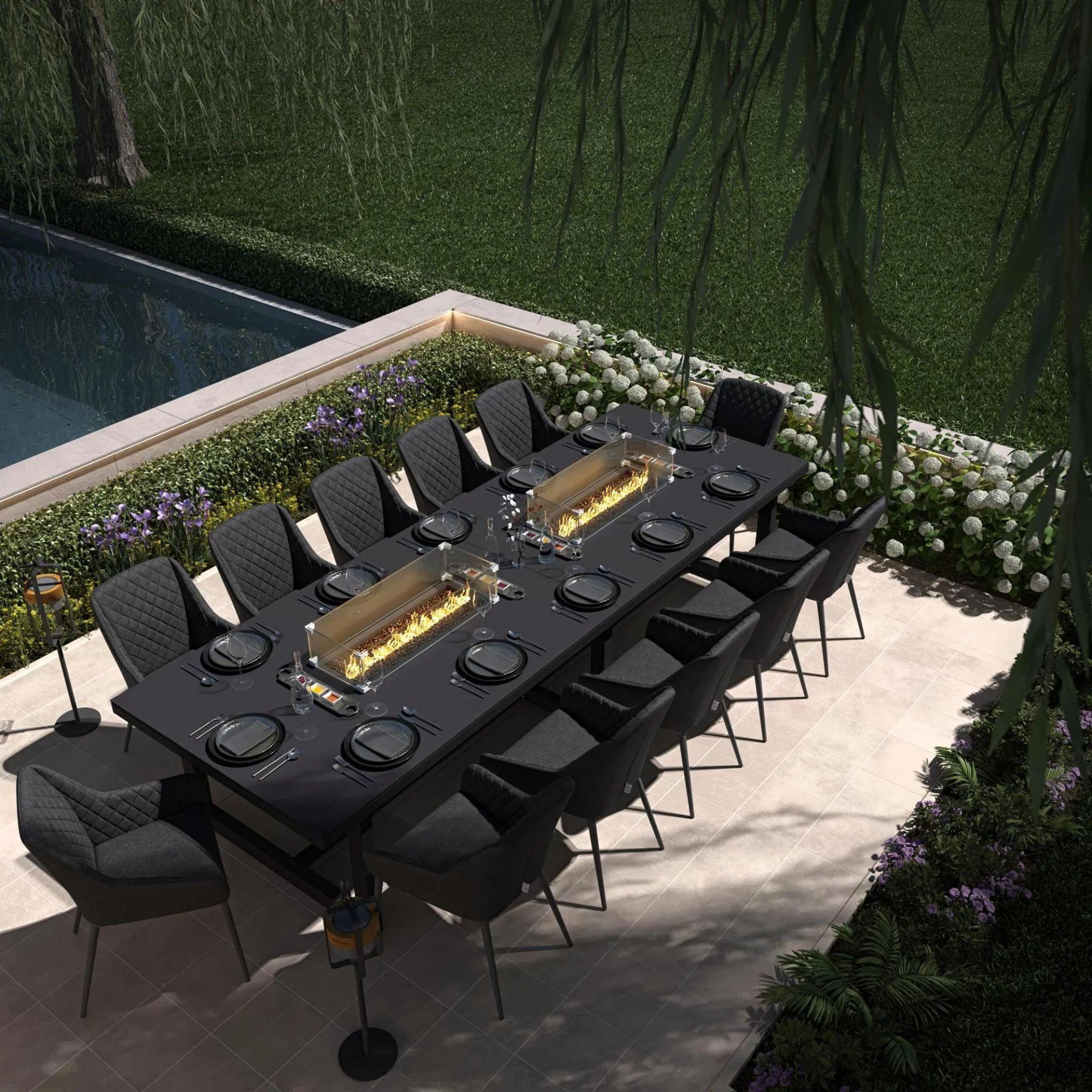 Product photograph of Maze Zest Charcoal Aluminium 12 Seater Rectangular Dining Set With 12 Chairs And Fire Pit Table from Choice Furniture Superstore.