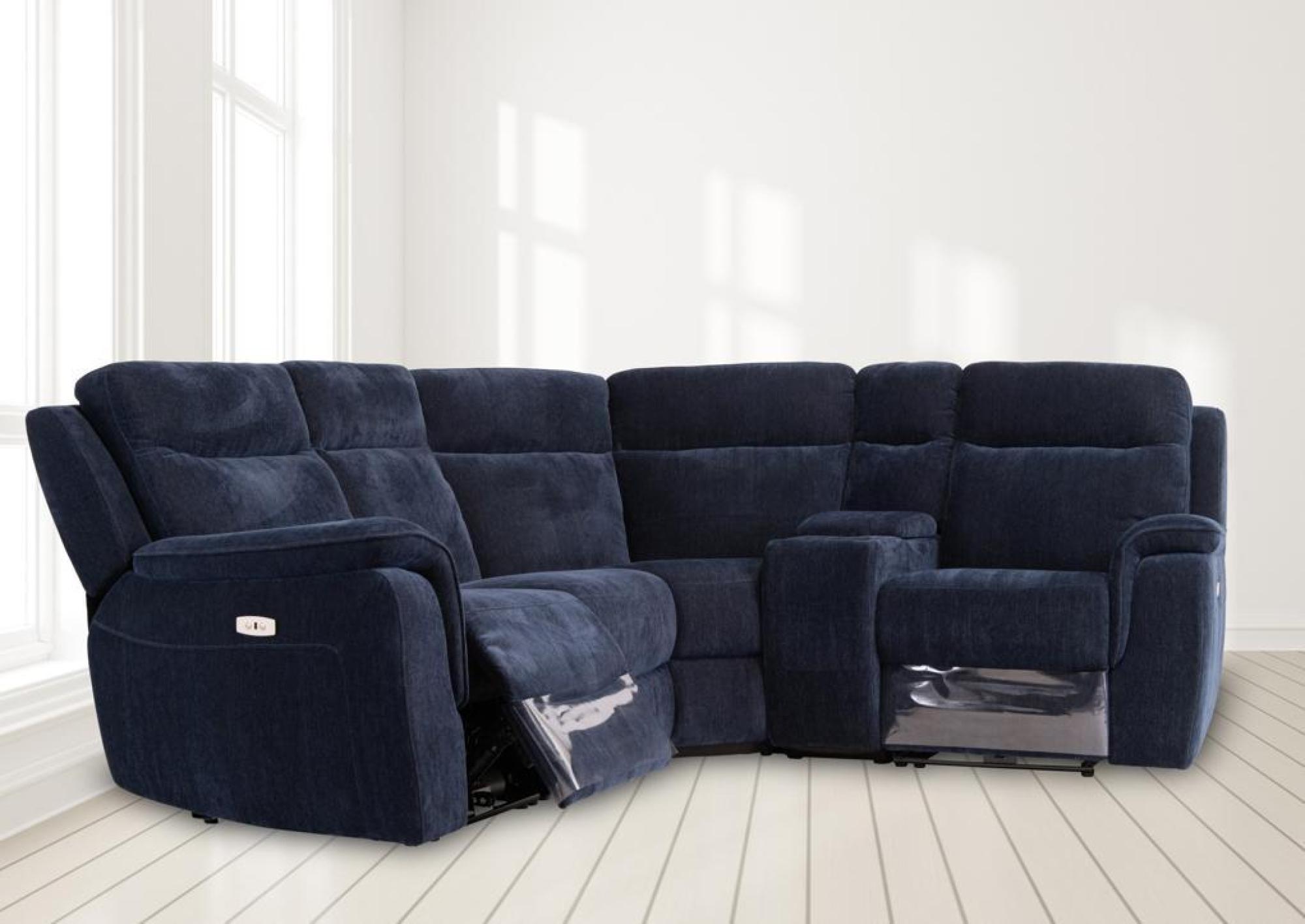 Product photograph of Havana Blue Fabric Corner Electric Recliner Sofa from Choice Furniture Superstore.