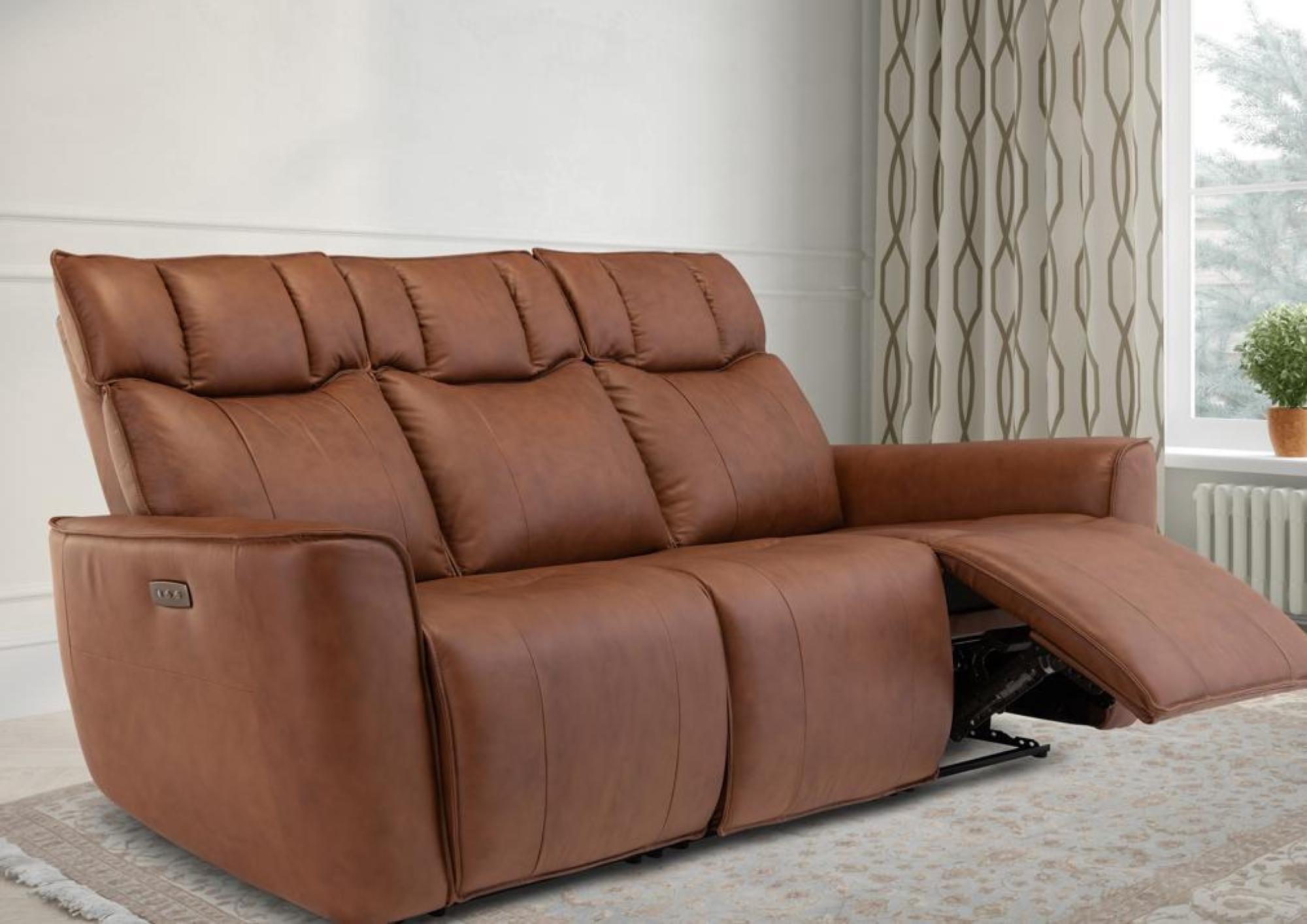 Product photograph of Forestville Tan Leather 3 Seater Electric Recliner Sofa from Choice Furniture Superstore.