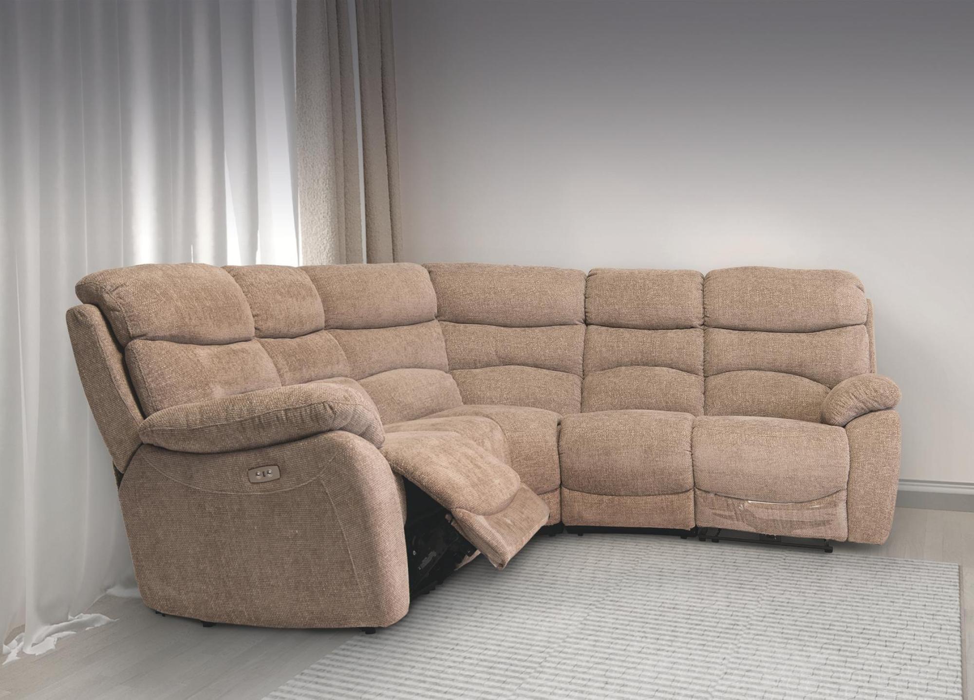 Product photograph of Layla Sand Fabric Corner Recliner Sofa from Choice Furniture Superstore.