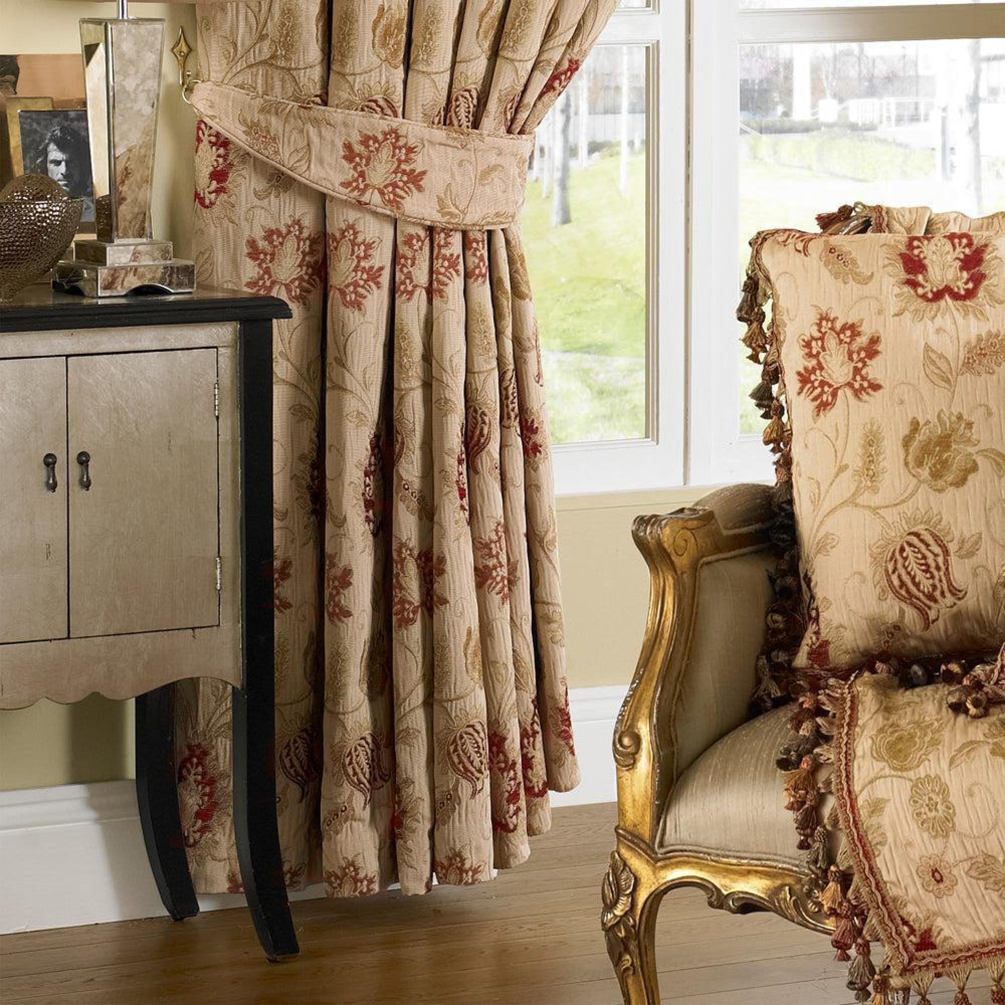 Product photograph of Zurich Champagne Floral Jacquard Pencil Pleat Curtains from Choice Furniture Superstore.