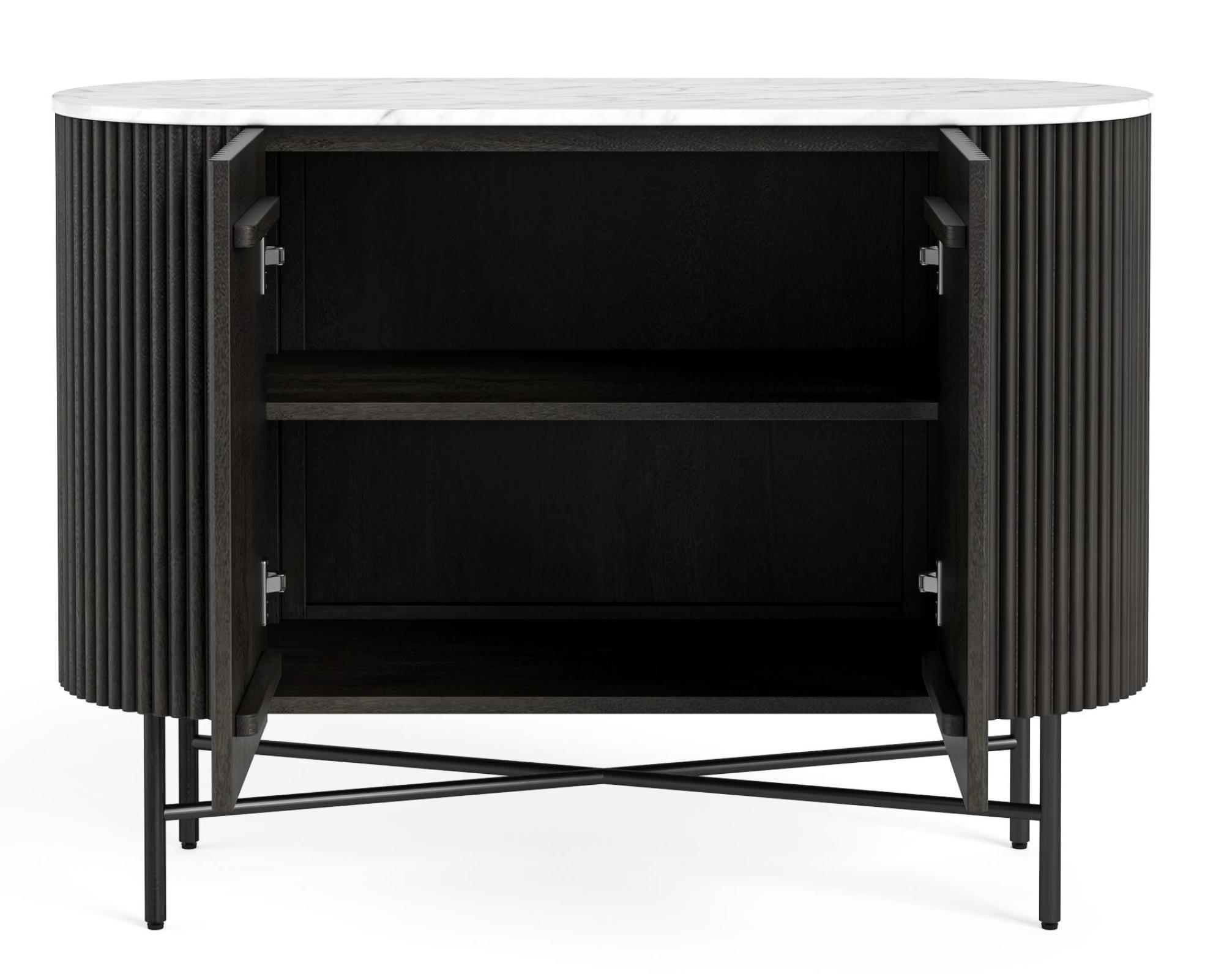 Product photograph of Lucas Black 100cm Small 2 Door Fluted Curved Sideboard With White Marble Top from Choice Furniture Superstore.