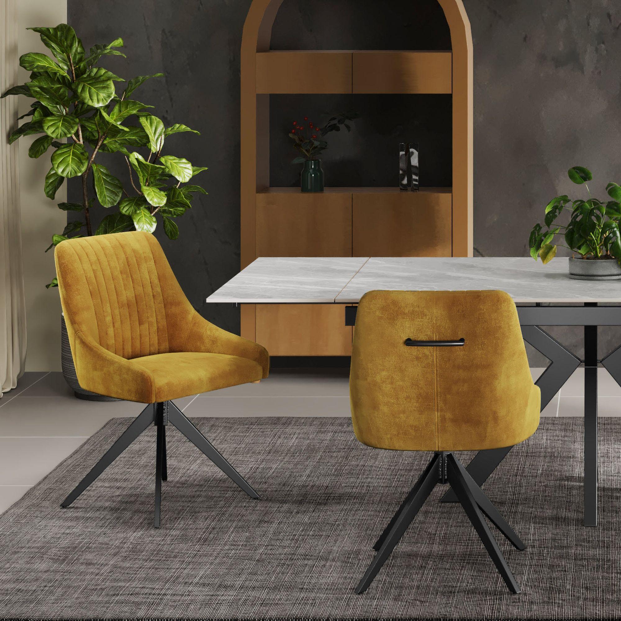 Product photograph of 2 X Hico Mustard Fabric Swivel Dining Chair from Choice Furniture Superstore.