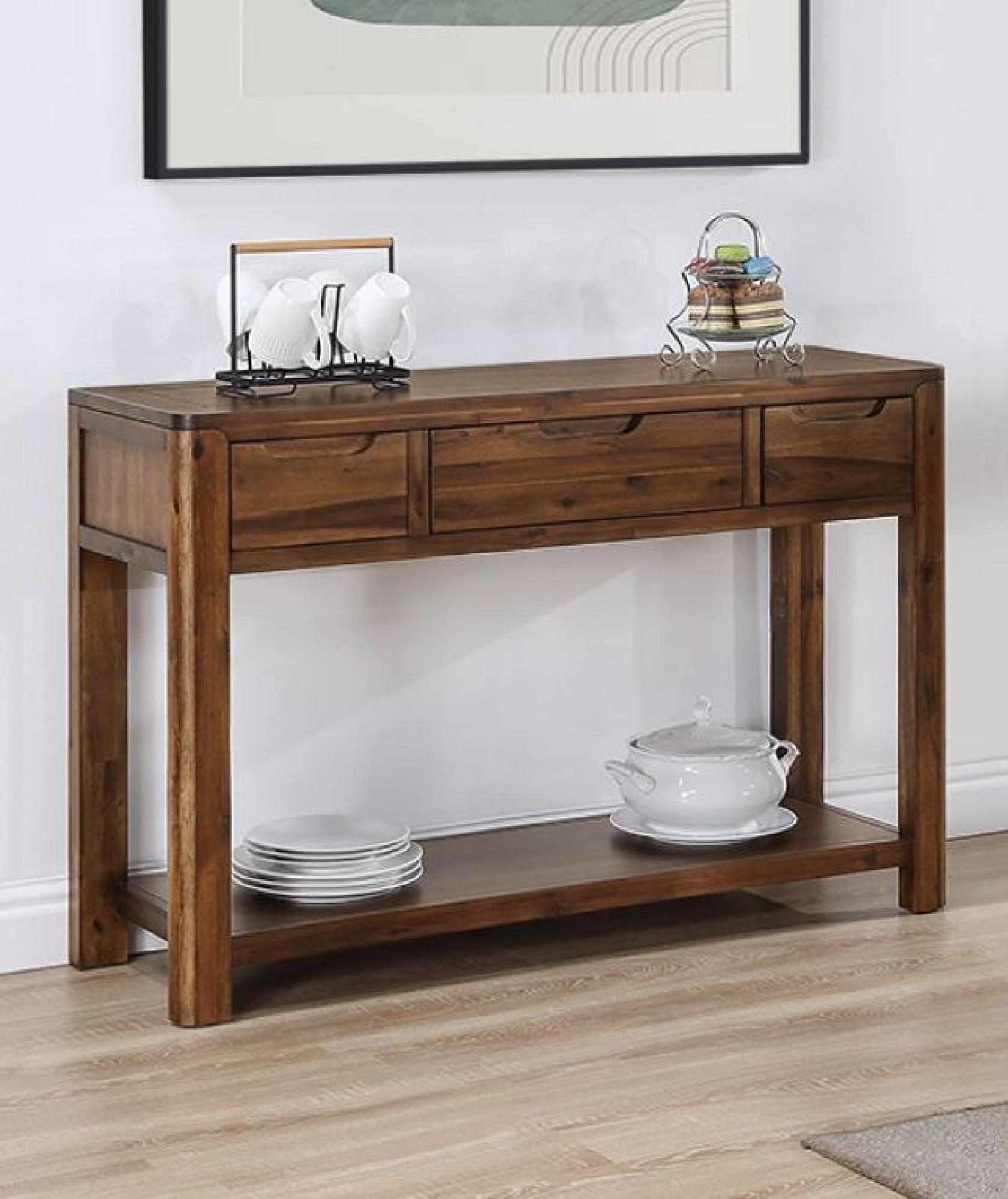 Product photograph of Monterey Acacia Wood 3 Drawer Console Table from Choice Furniture Superstore.