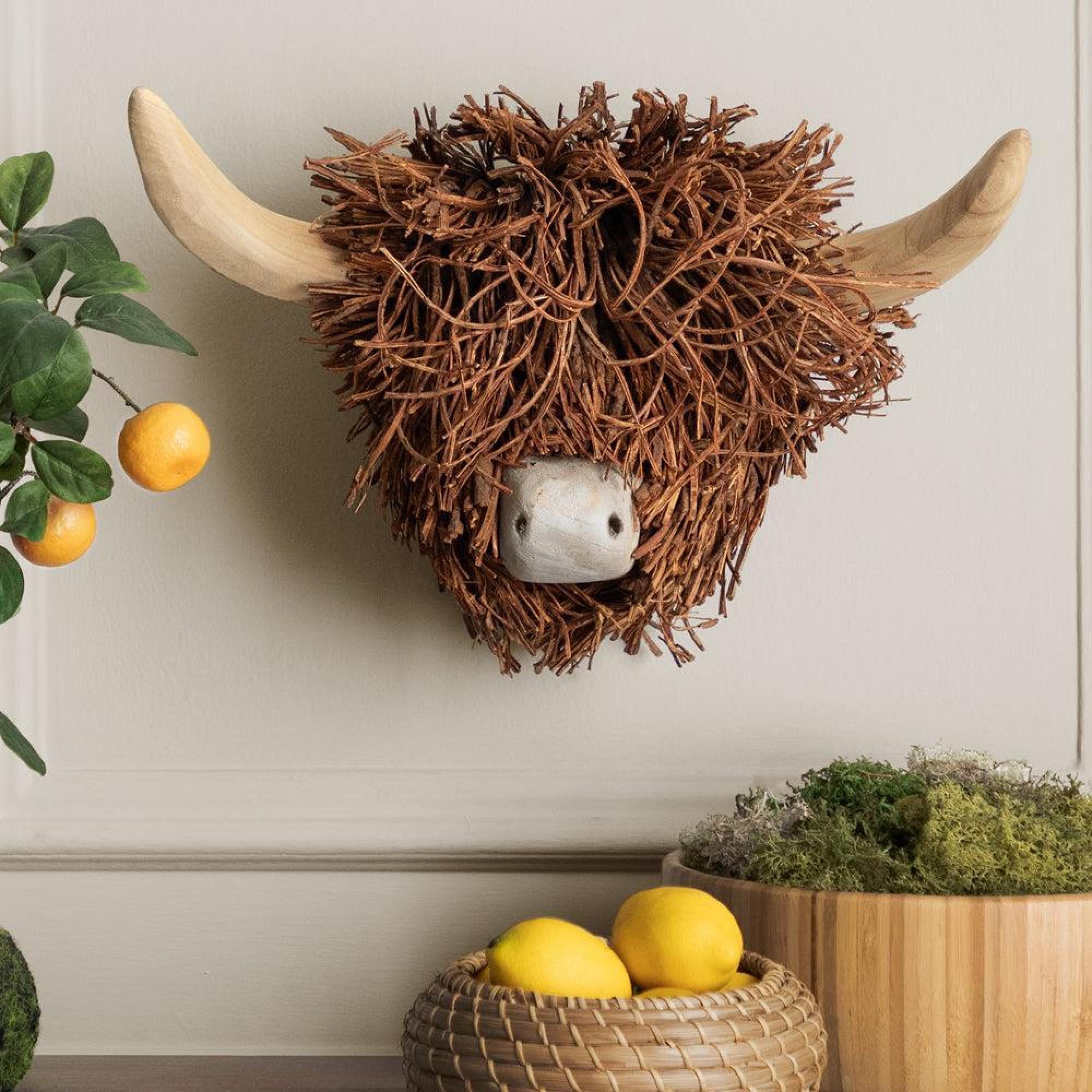 Product photograph of Voyage Maison Hewie Brown Highland Cow Wall Mounted Hand Crafted Wooden Sculpture from Choice Furniture Superstore.