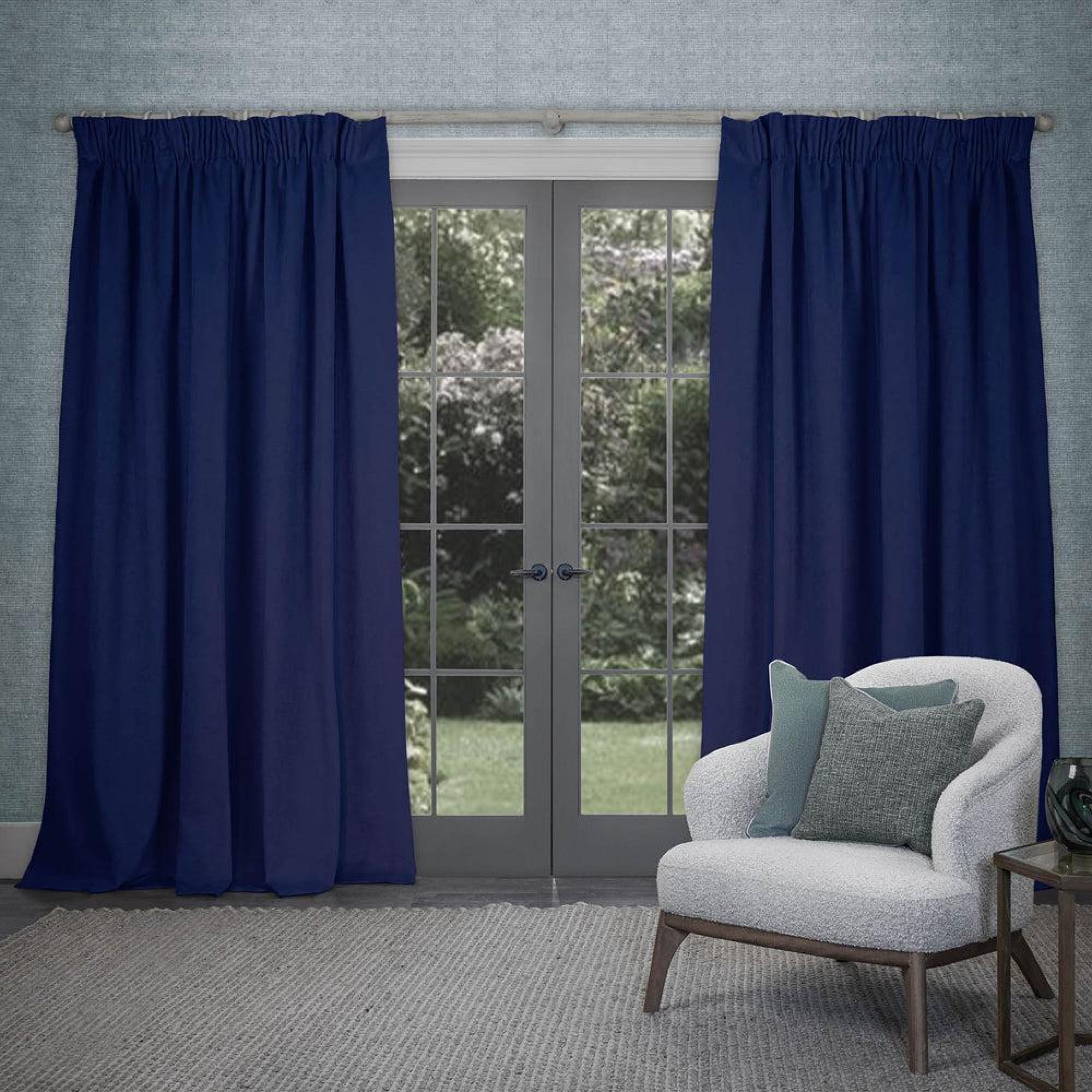 Product photograph of Voyage Maison Cube Azure Velvet Pencil Pleat Curtains from Choice Furniture Superstore.