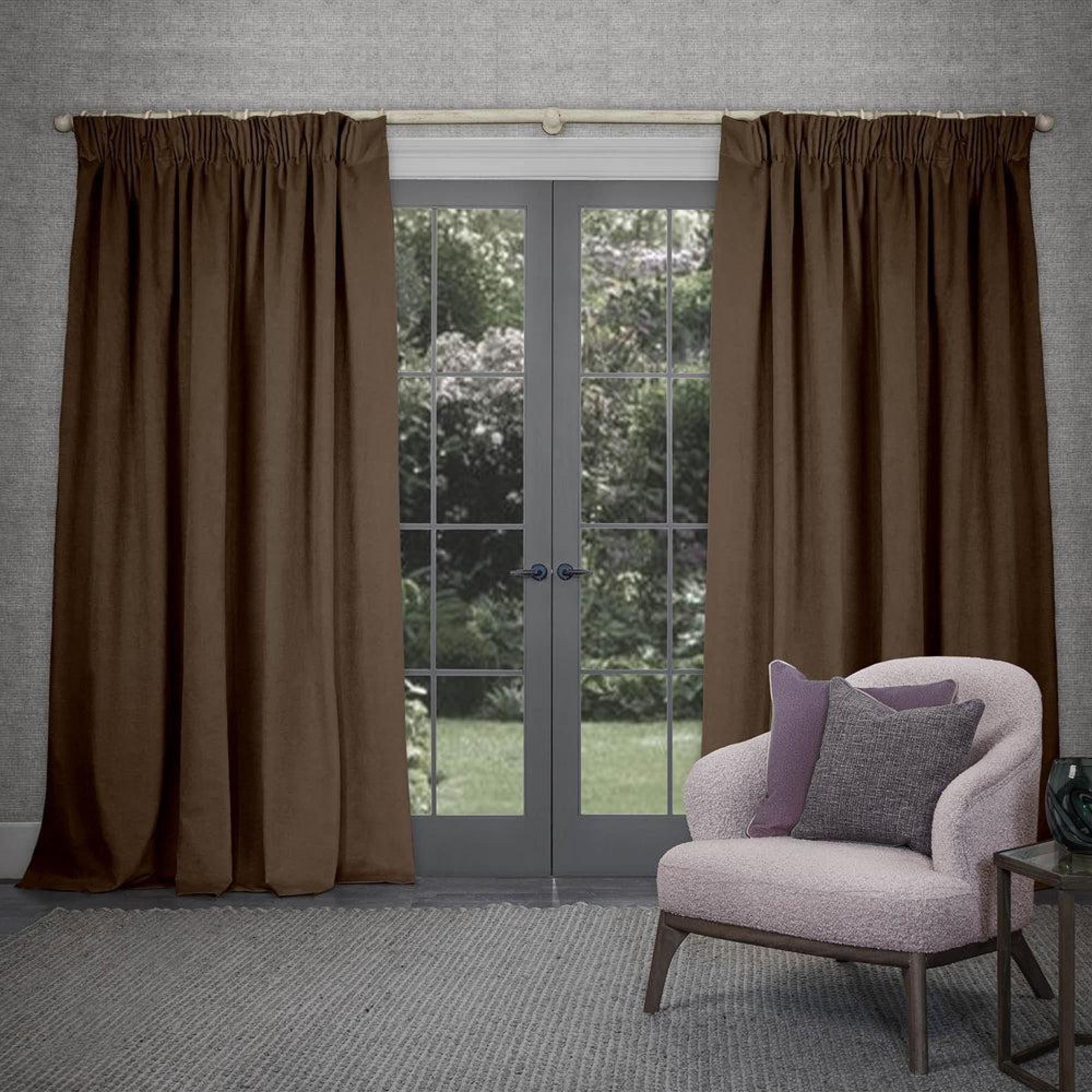 Product photograph of Voyage Maison Cube Caramel Velvet Pencil Pleat Curtains from Choice Furniture Superstore.