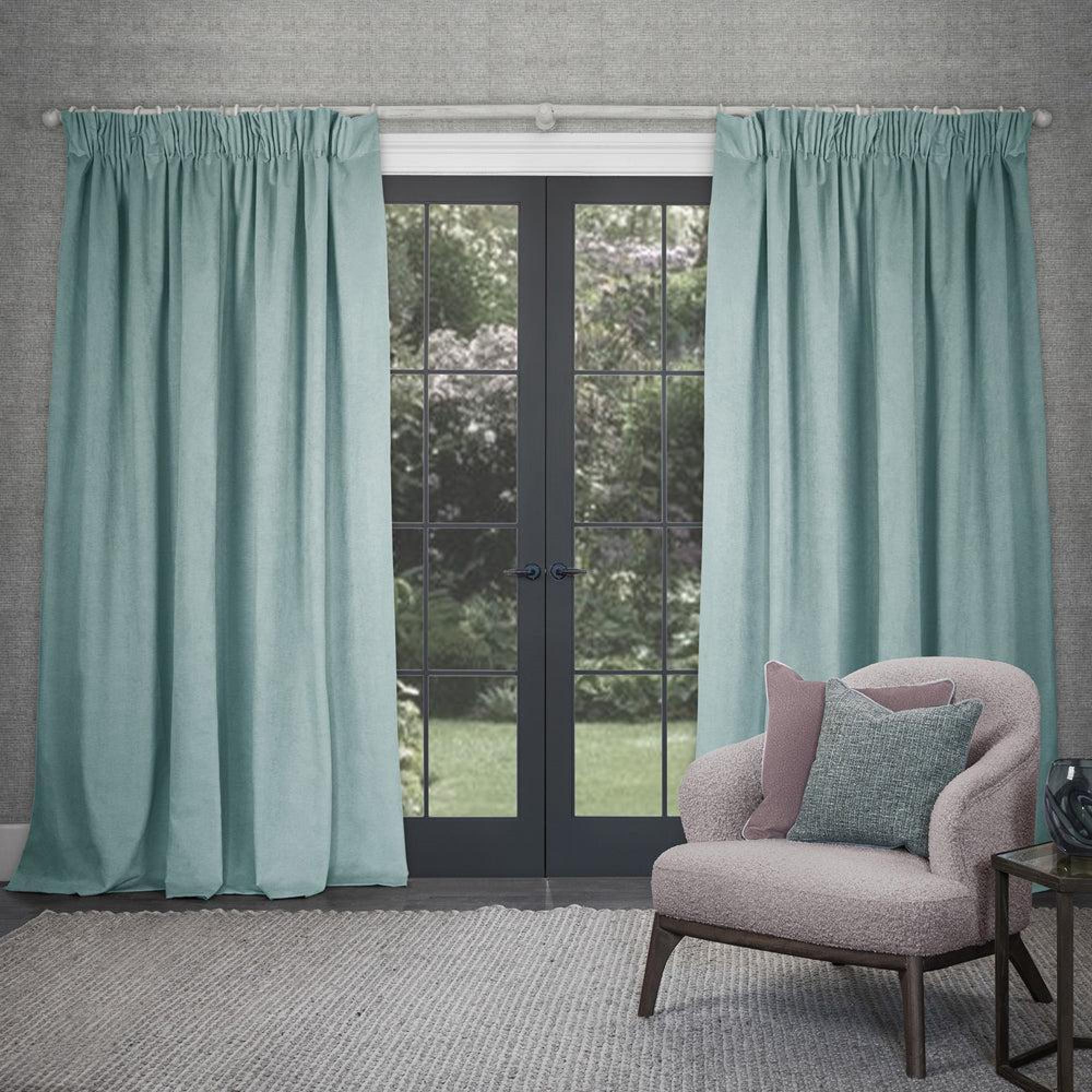 Product photograph of Voyage Maison Cube Sky Velvet Pencil Pleat Curtains from Choice Furniture Superstore.