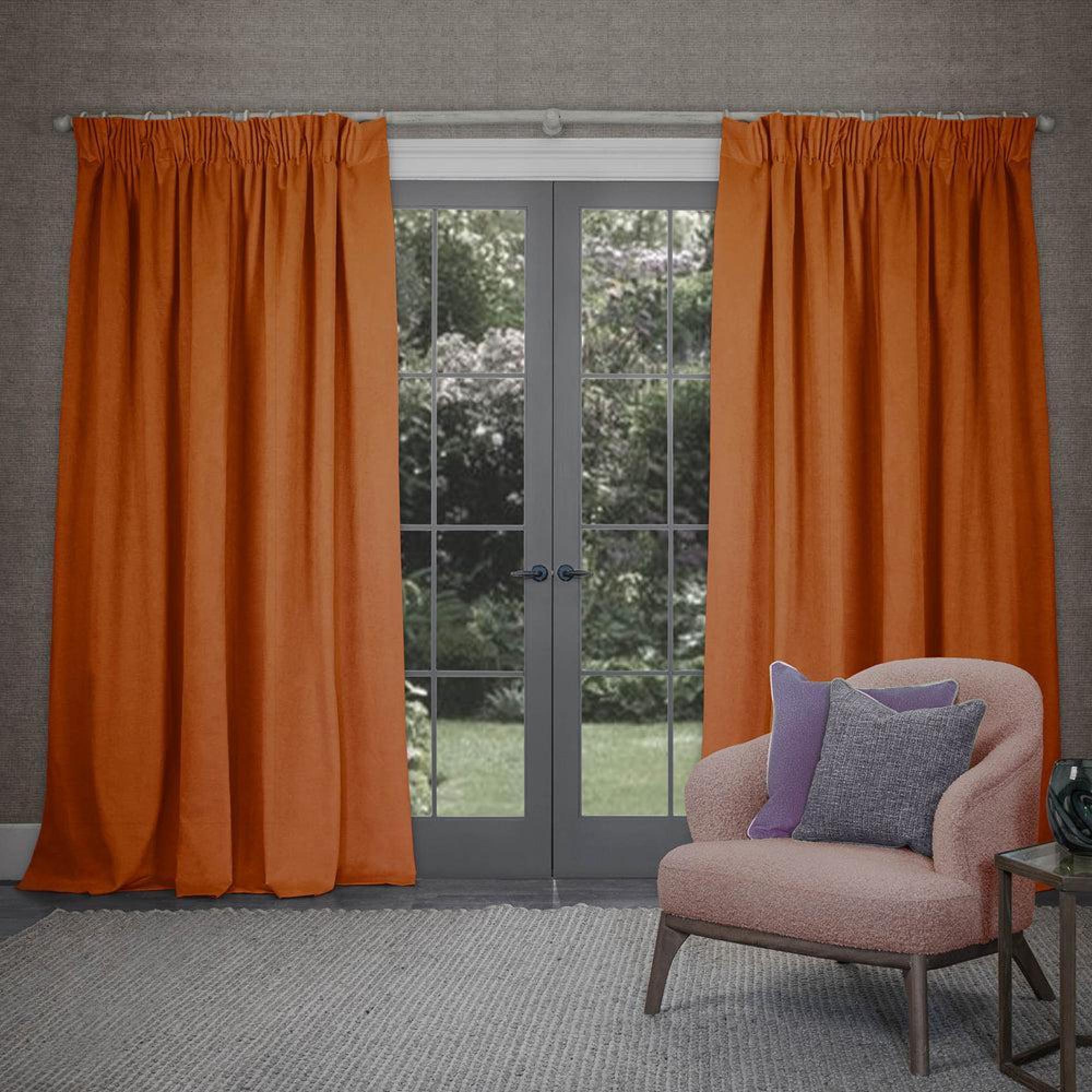 Product photograph of Voyage Maison Cube Tangerine Velvet Pencil Pleat Curtains from Choice Furniture Superstore.