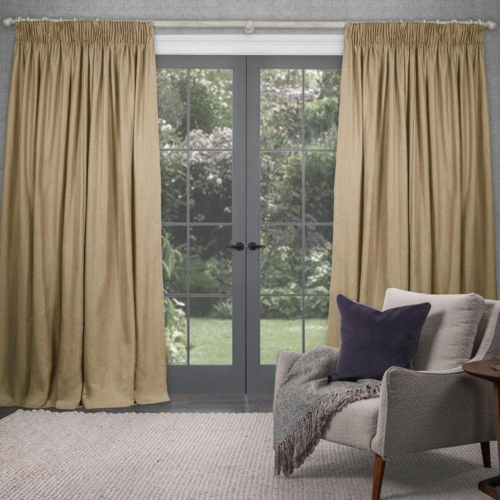 Product photograph of Voyage Maison Emilio Mustard Woven Pencil Pleat Curtains from Choice Furniture Superstore.