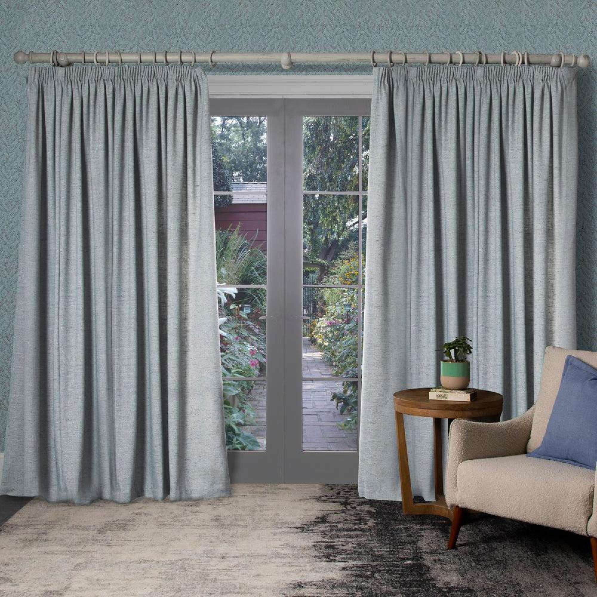 Product photograph of Voyage Maison Helmsley Aluminium Woven Pencil Pleat Curtains from Choice Furniture Superstore.