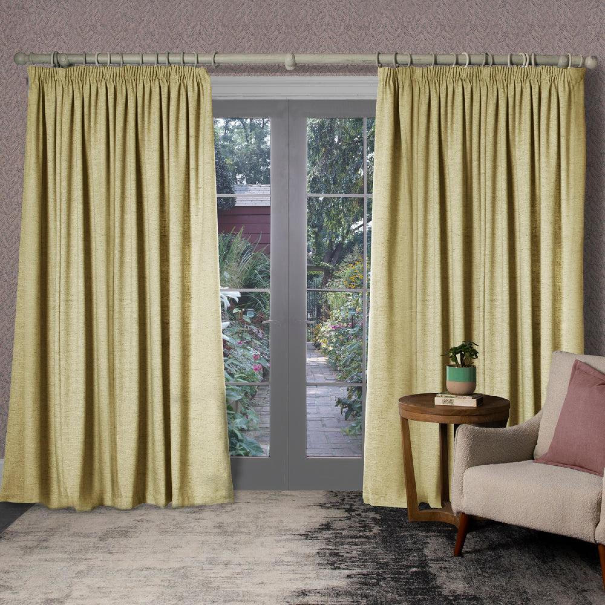 Product photograph of Voyage Maison Helmsley Lemon Woven Pencil Pleat Curtains from Choice Furniture Superstore.