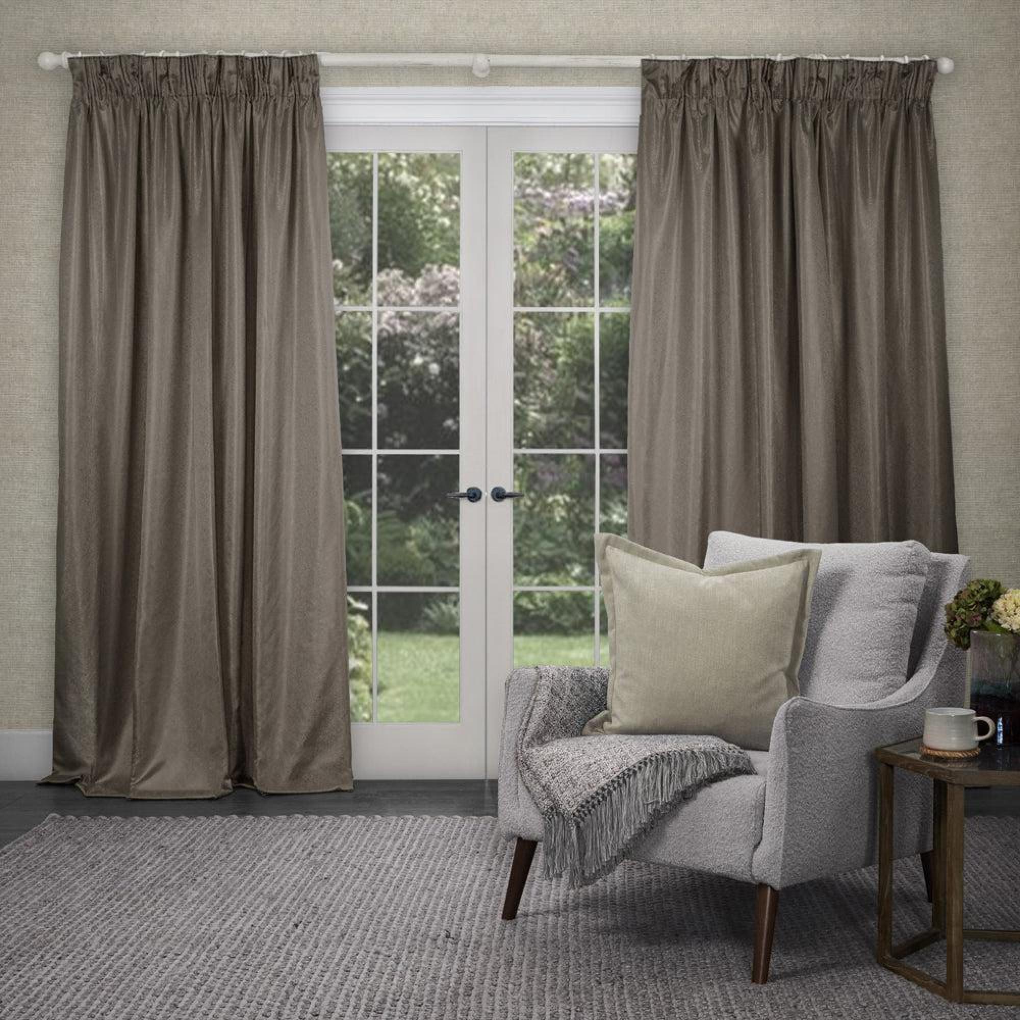 Product photograph of Voyage Maison Sereno Mink Woven Pencil Pleat Curtains from Choice Furniture Superstore.