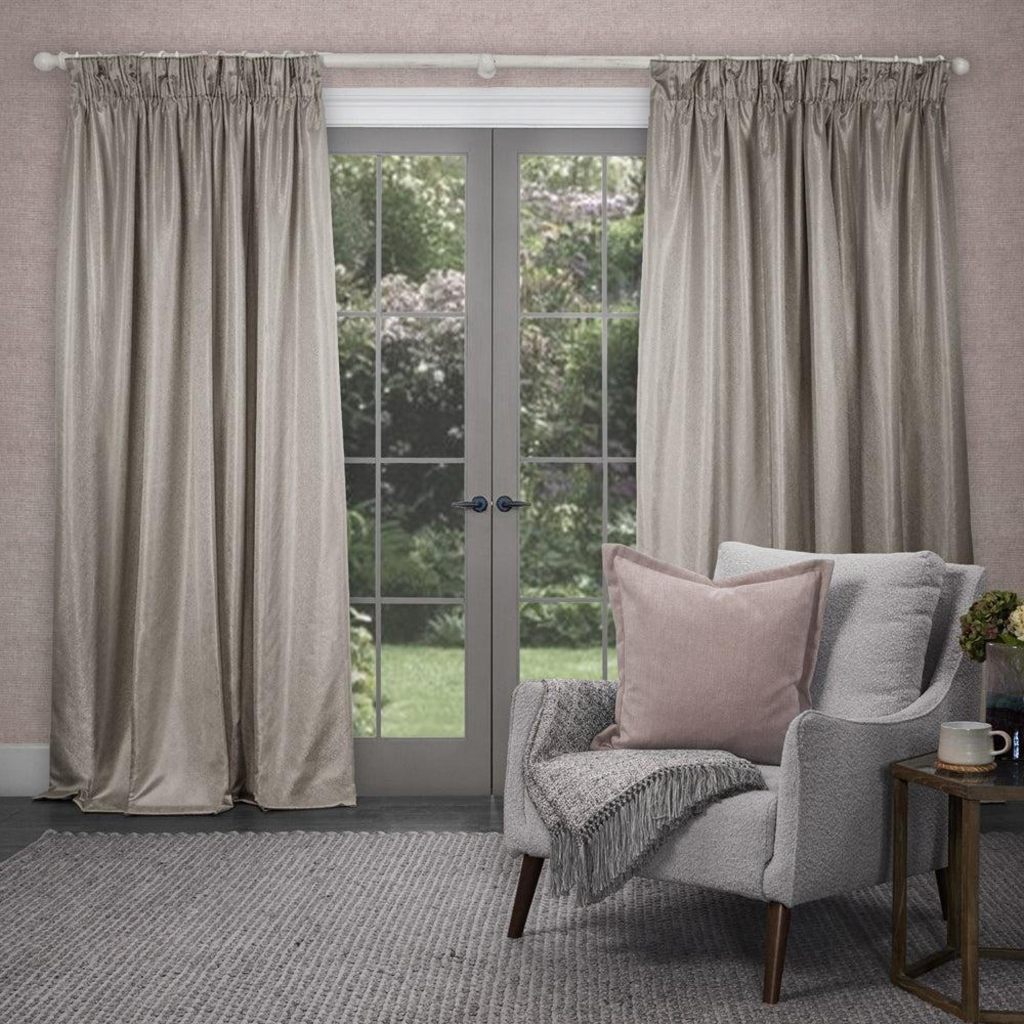 Product photograph of Voyage Maison Sereno Stone Woven Pencil Pleat Curtains from Choice Furniture Superstore.