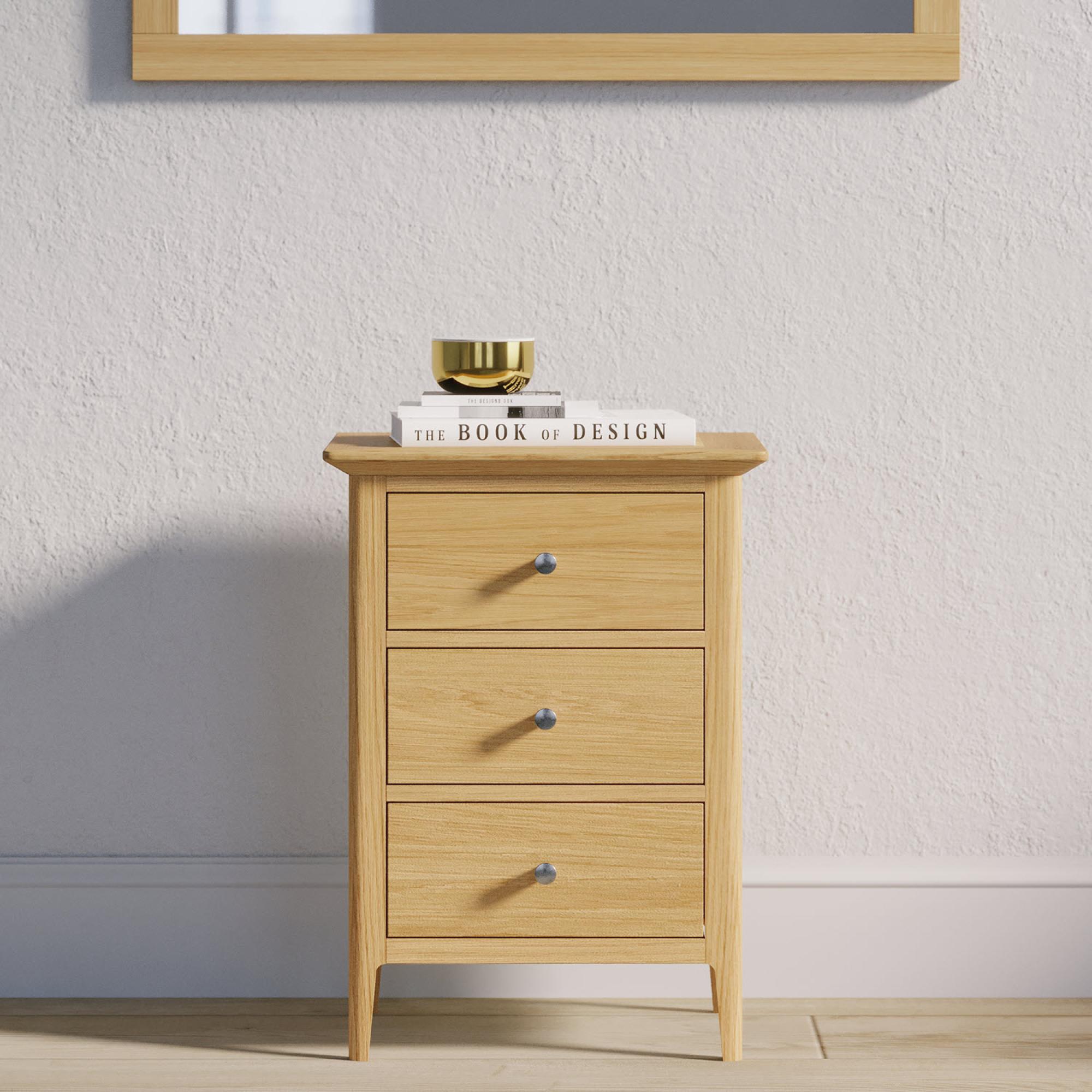 Product photograph of Salvo Oak 3 Drawer Bedside Cabinet from Choice Furniture Superstore.