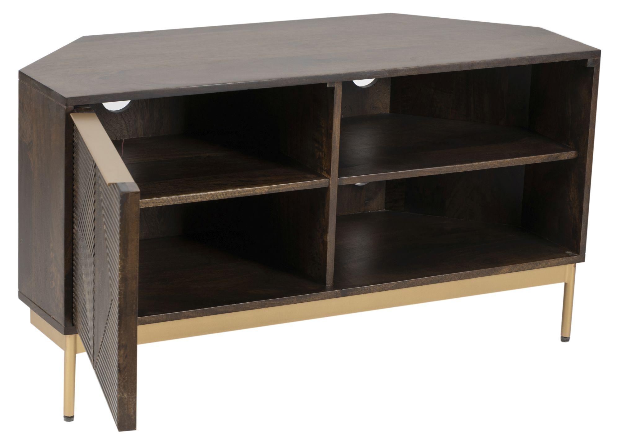 Product photograph of Jaipur Zaine Dark Wood Carving 1 Door Corner Tv Unit from Choice Furniture Superstore.