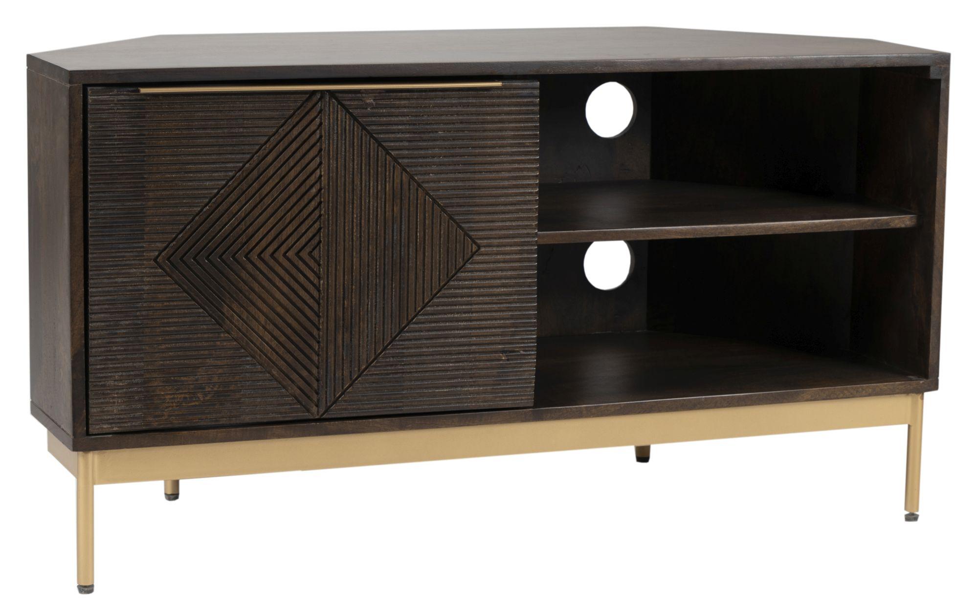 Product photograph of Jaipur Zaine Dark Wood Carving 1 Door Corner Tv Unit from Choice Furniture Superstore.