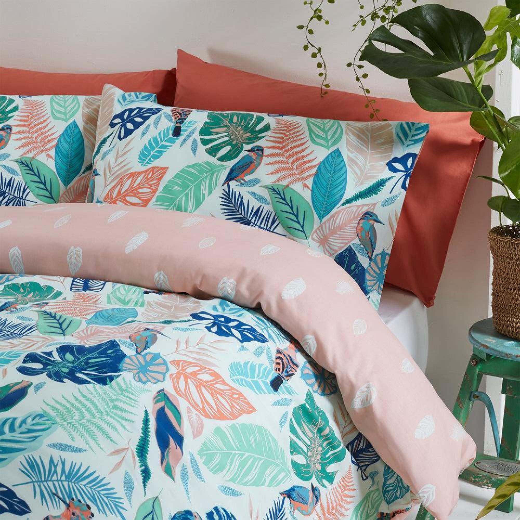 Furn Guava Green and Pink Tropical Leaf Duvet Cover Set - CFS UK