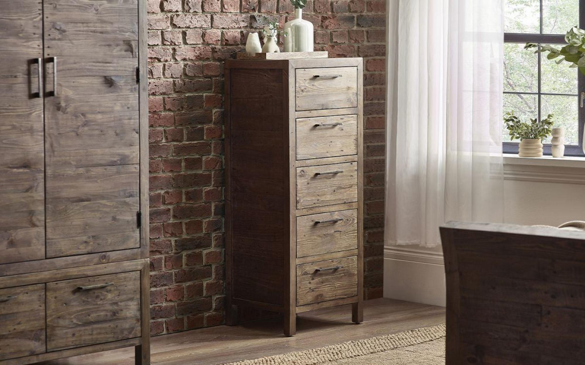 Product photograph of Heritage Reclaimed Pine 5 Drawer Chest Tallboy from Choice Furniture Superstore.