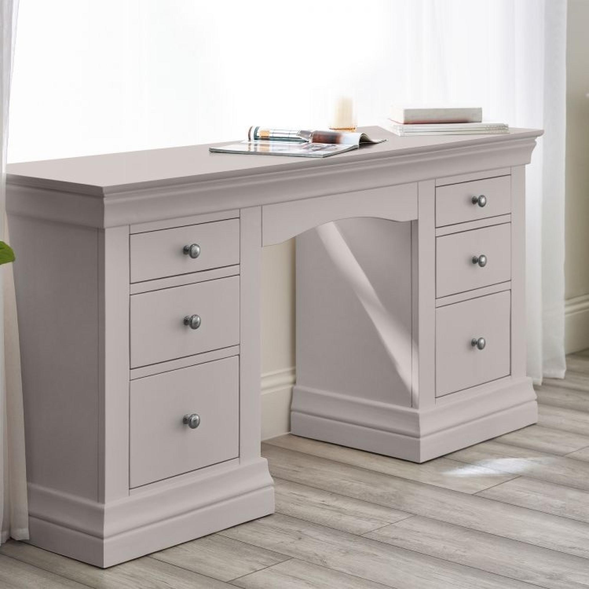 Product photograph of Clermont Light Grey Lacquer 6 Drawer Dressing Table from Choice Furniture Superstore.