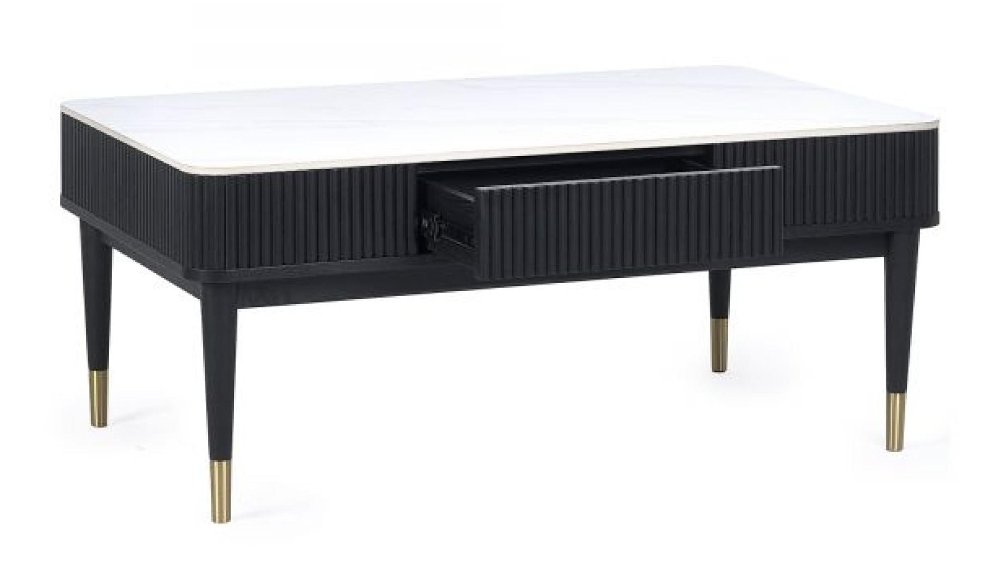 Product photograph of Louis Black Fluted Stone Top 2 Drawer Coffee Table from Choice Furniture Superstore.