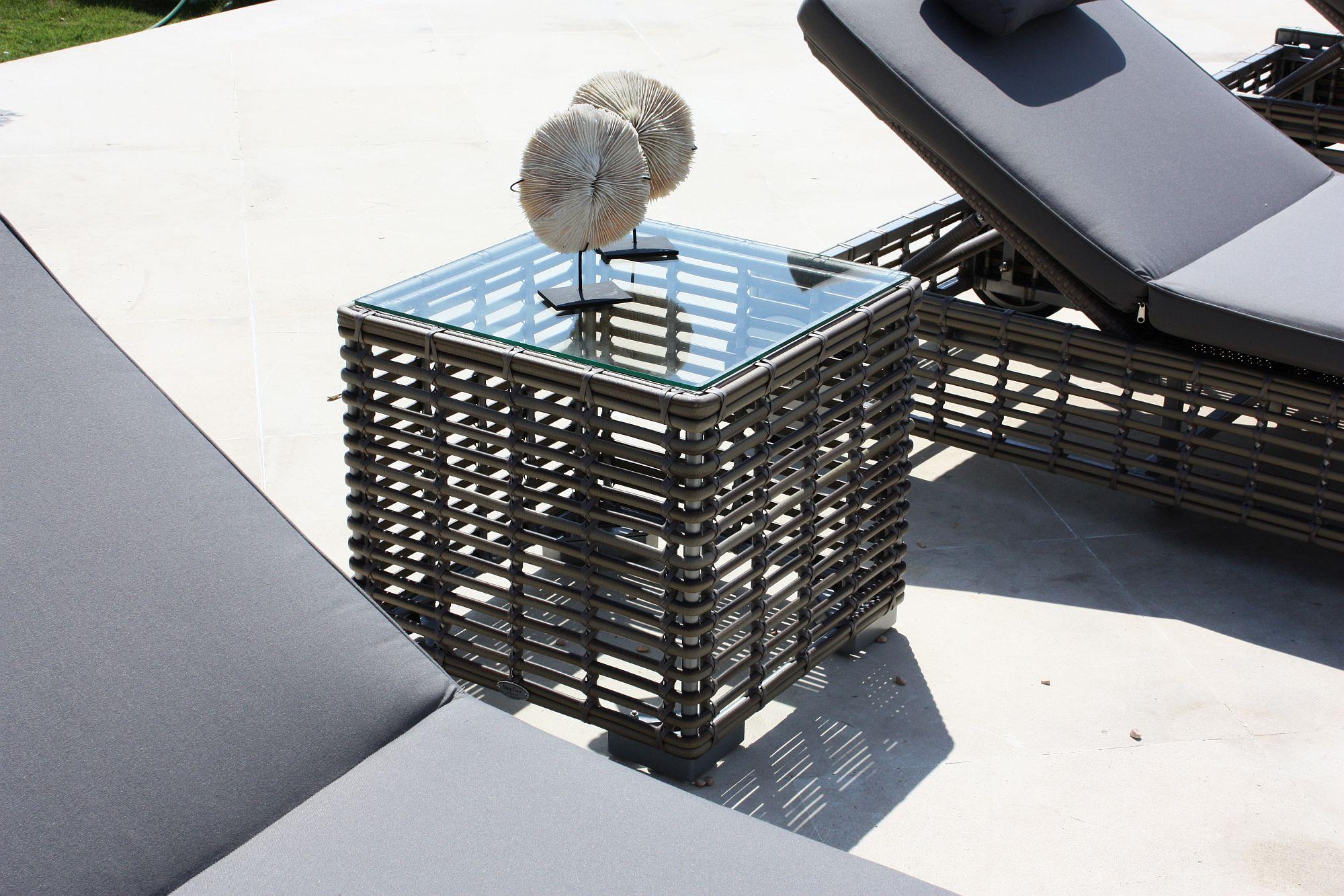 Product photograph of Skyline Castries Walnut Rattan And Glass Top Outdoor Square Side Table from Choice Furniture Superstore.