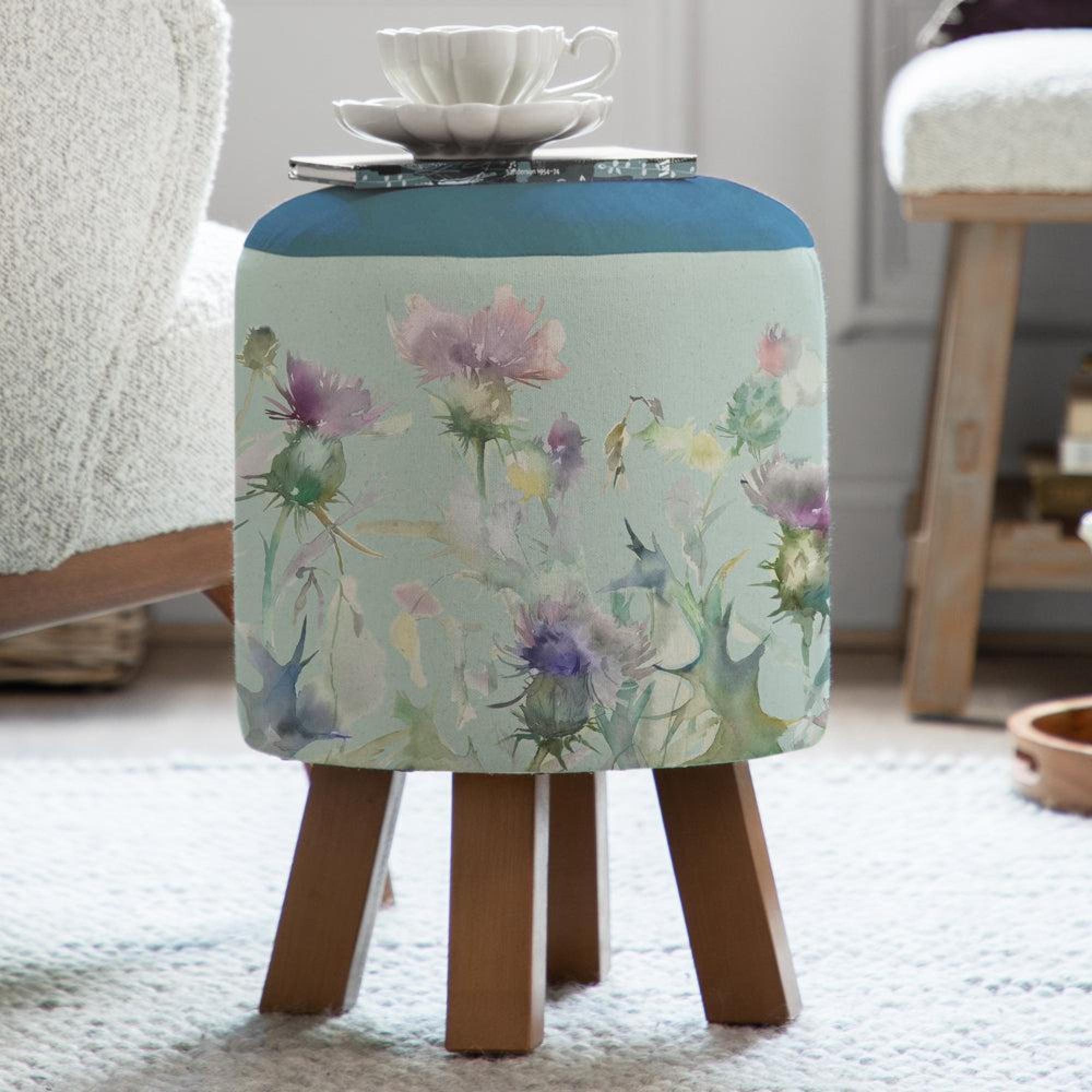 Product photograph of Voyage Maison Cirsium Duck Egg Monty Round Footstool from Choice Furniture Superstore.