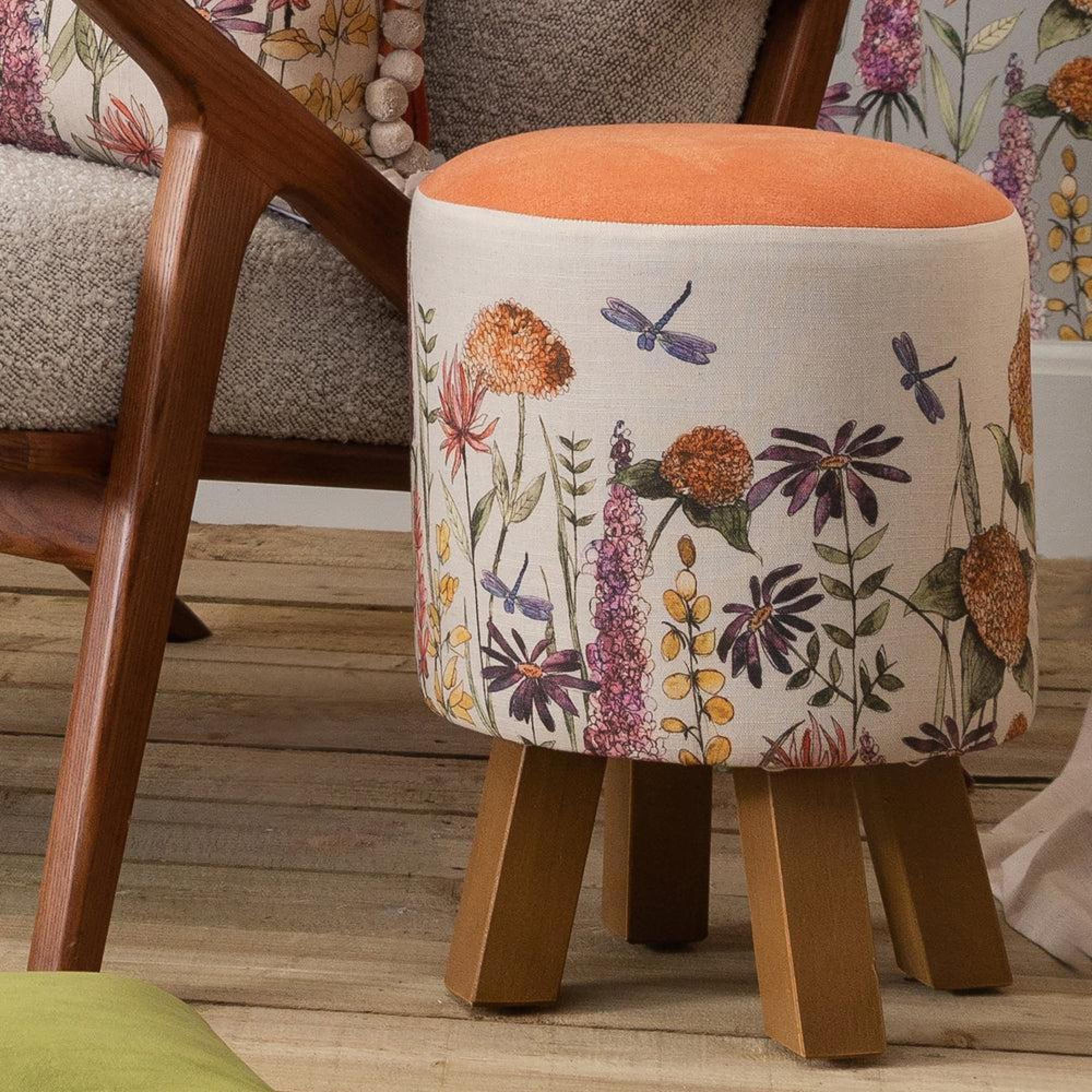 Product photograph of Voyage Maison Florabunda Russet Linen Monty Round Footstool from Choice Furniture Superstore.